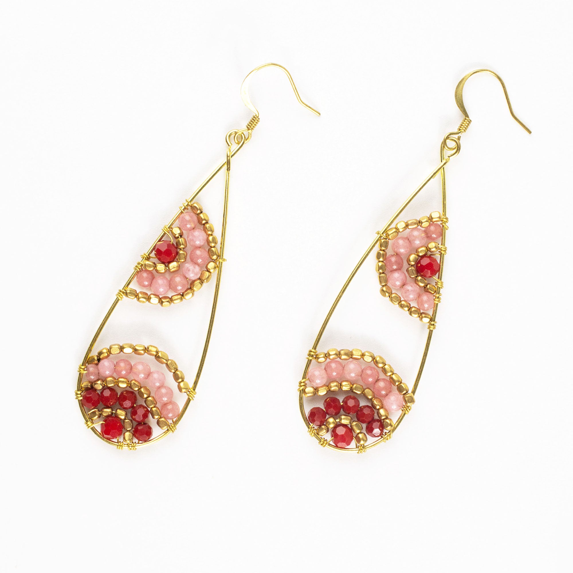 Oval Pink Beads Brass Earrings