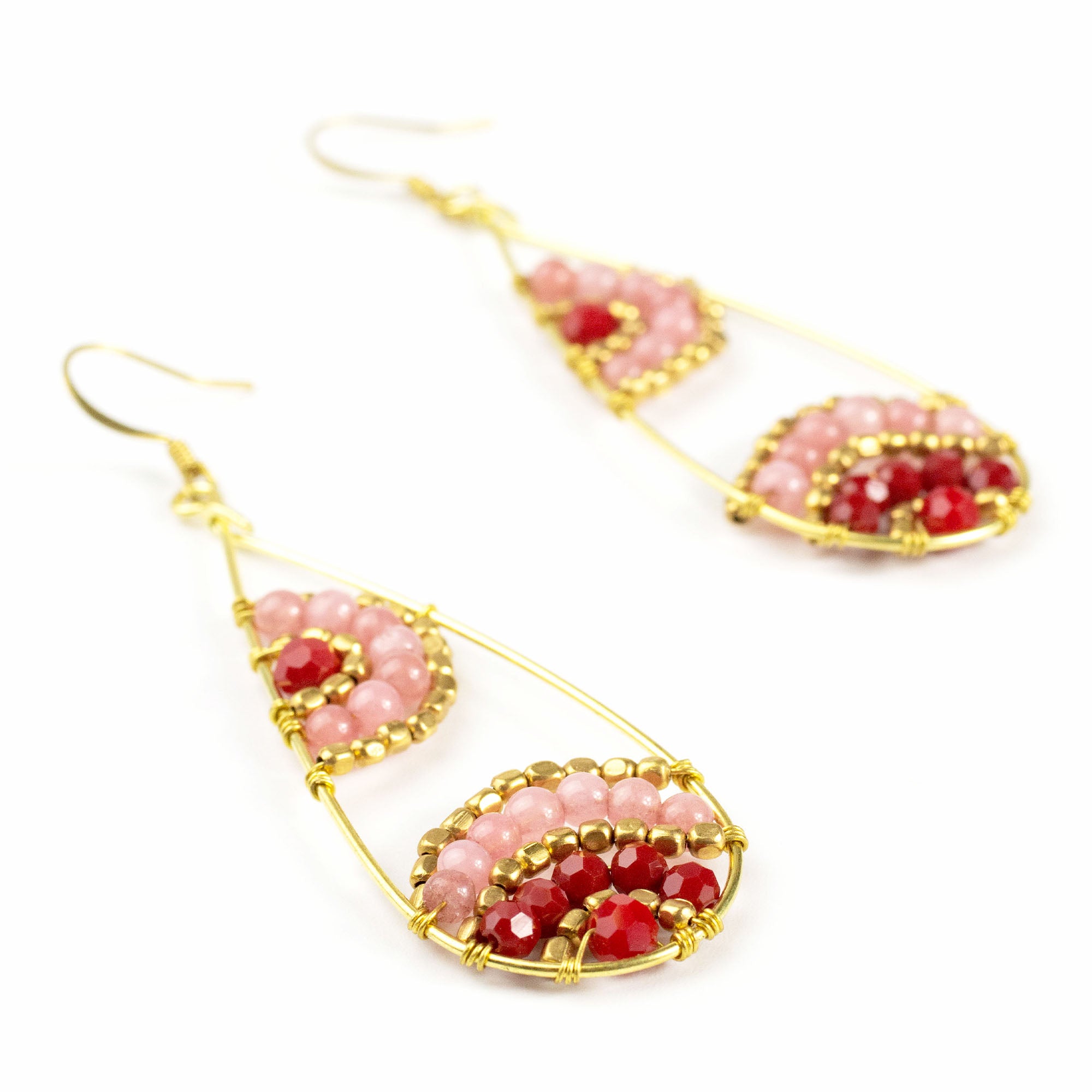 Oval Pink Beads Brass Earrings