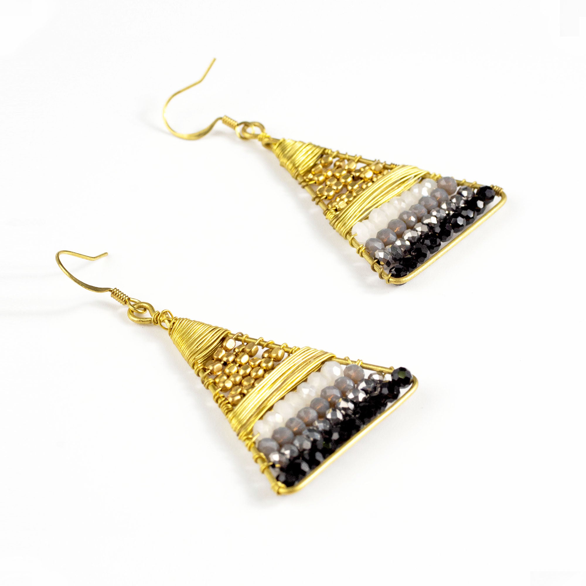 Triangle Black Beads Brass Earrings