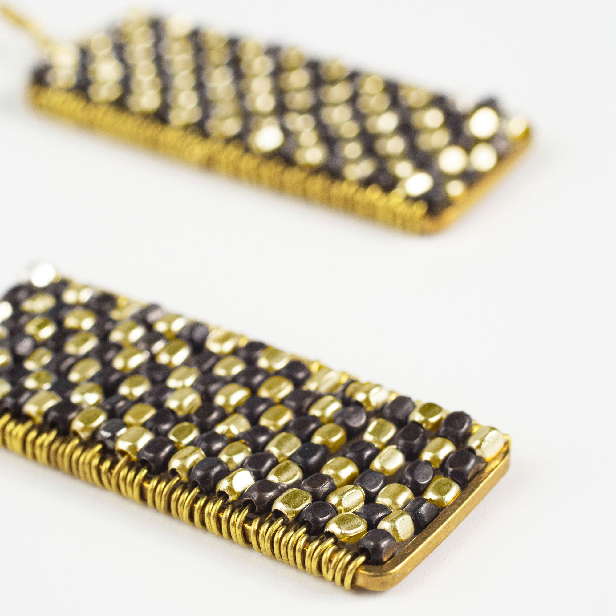 Rectangle Black Beads Brass Earrings