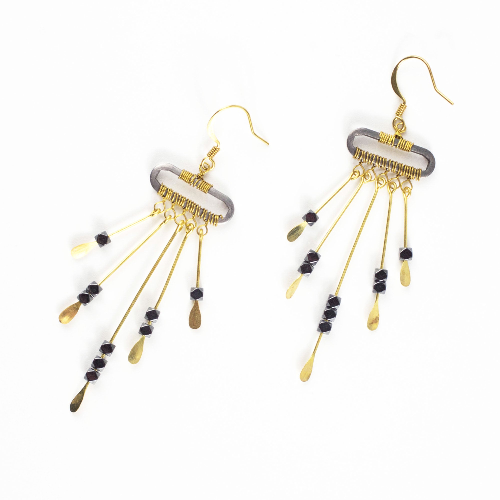 Black Beads Bar Brass Earrings
