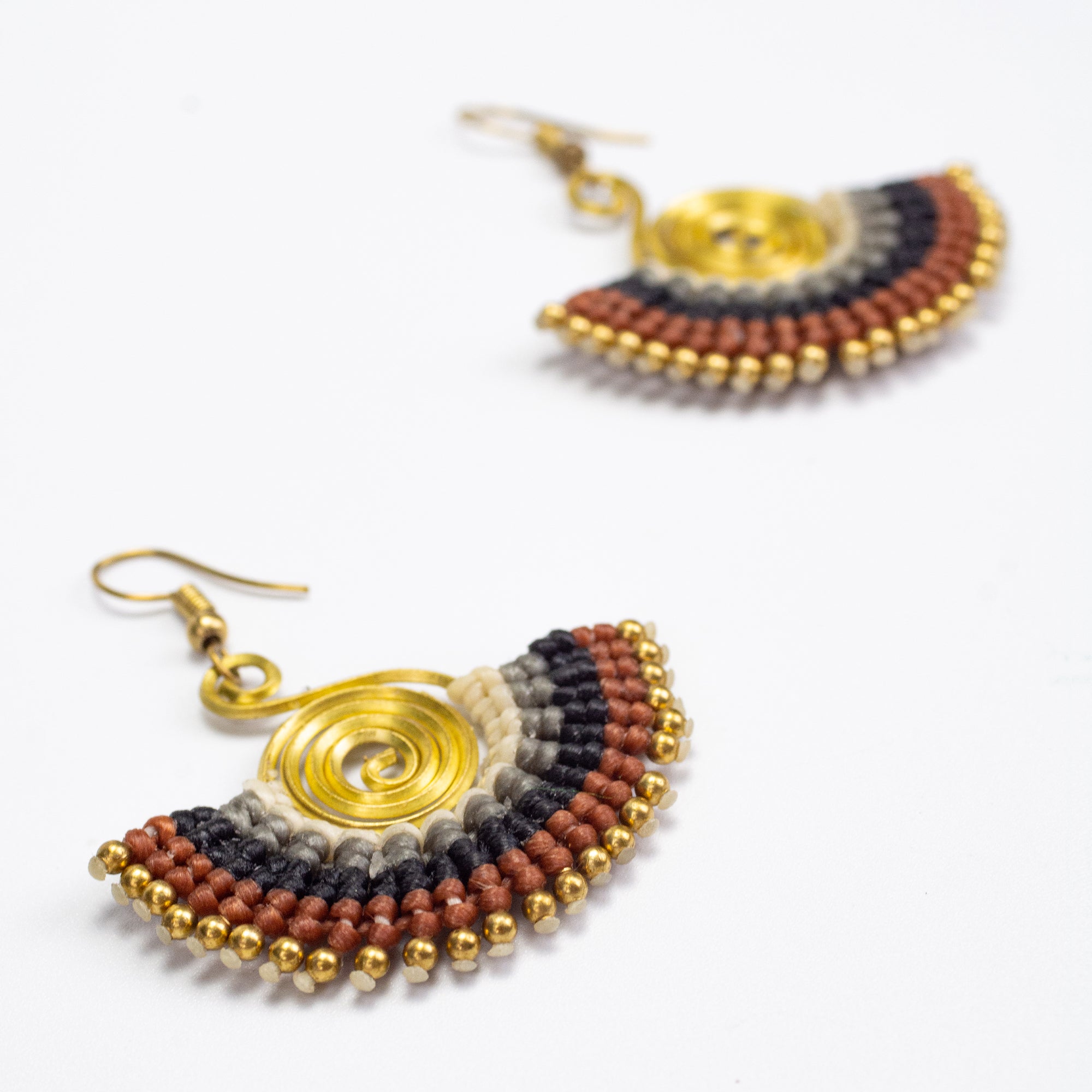Fan Brown Black Waxed String Spiral Brass Earrings