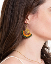 Fan Orange Green Waxed String Spiral Brass Earrings