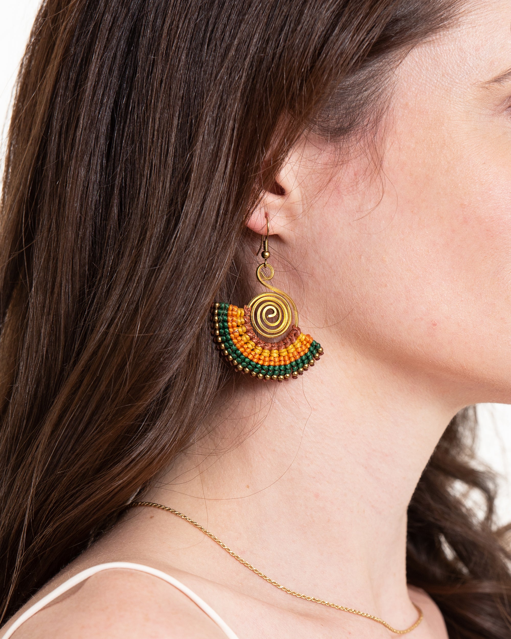 Fan Orange Green Waxed String Spiral Brass Earrings