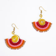 Fan Orange Pink Waxed String Spiral Brass Earrings