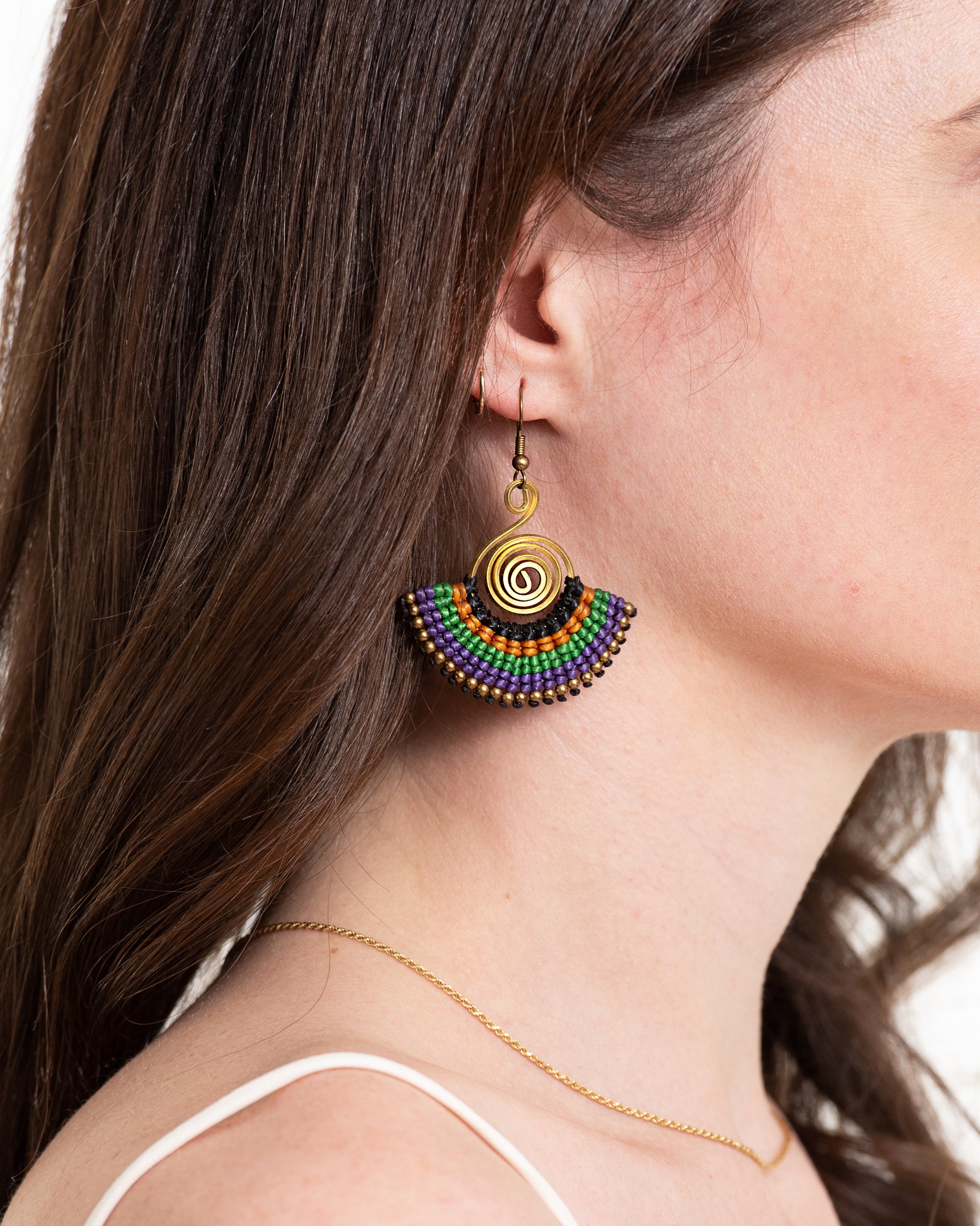 Fan Purple Green Waxed String Spiral Brass Earrings