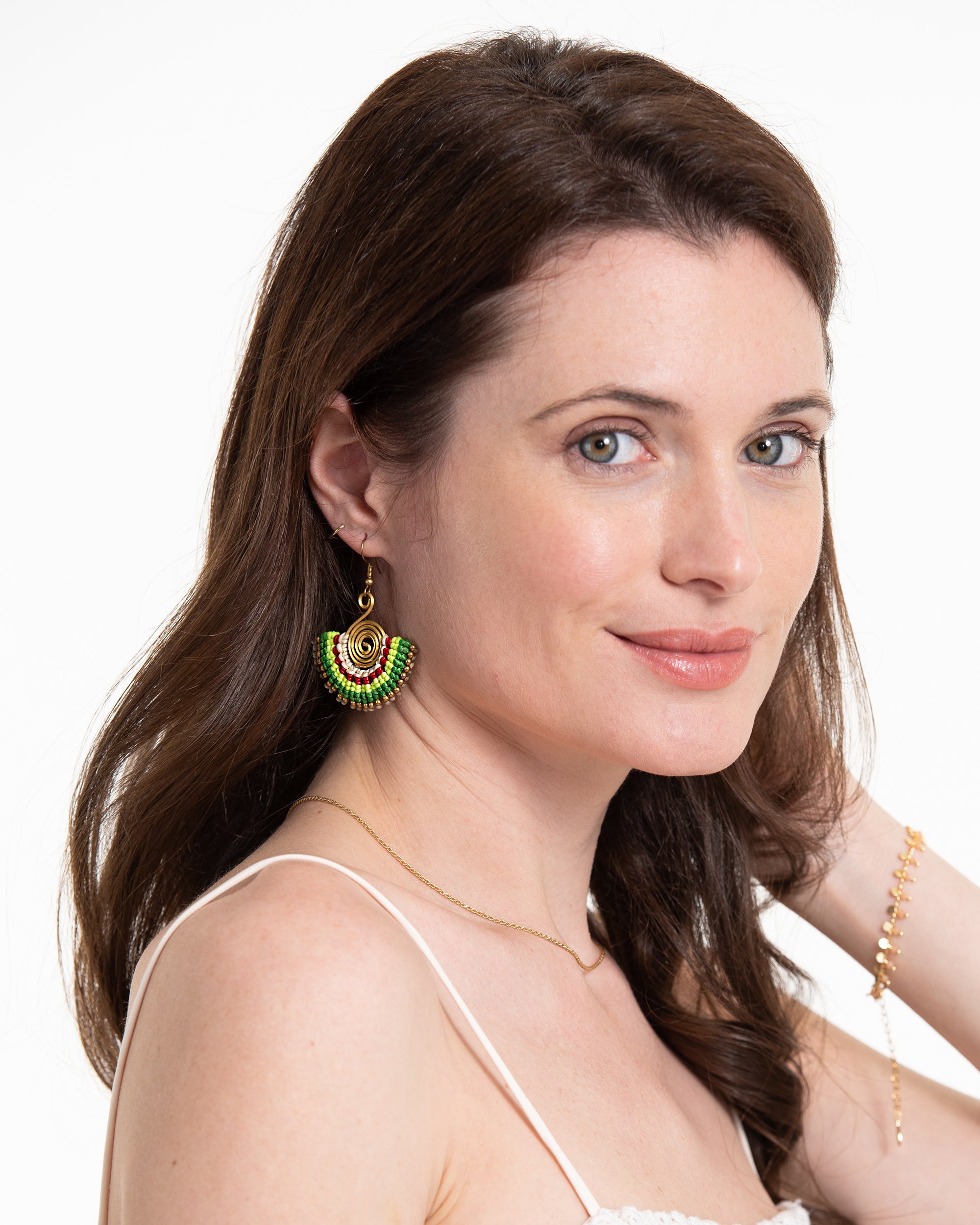 Fan Red Green Waxed String Spiral Brass Earrings
