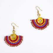 Fan Red Purple Waxed String Spiral Brass Earrings
