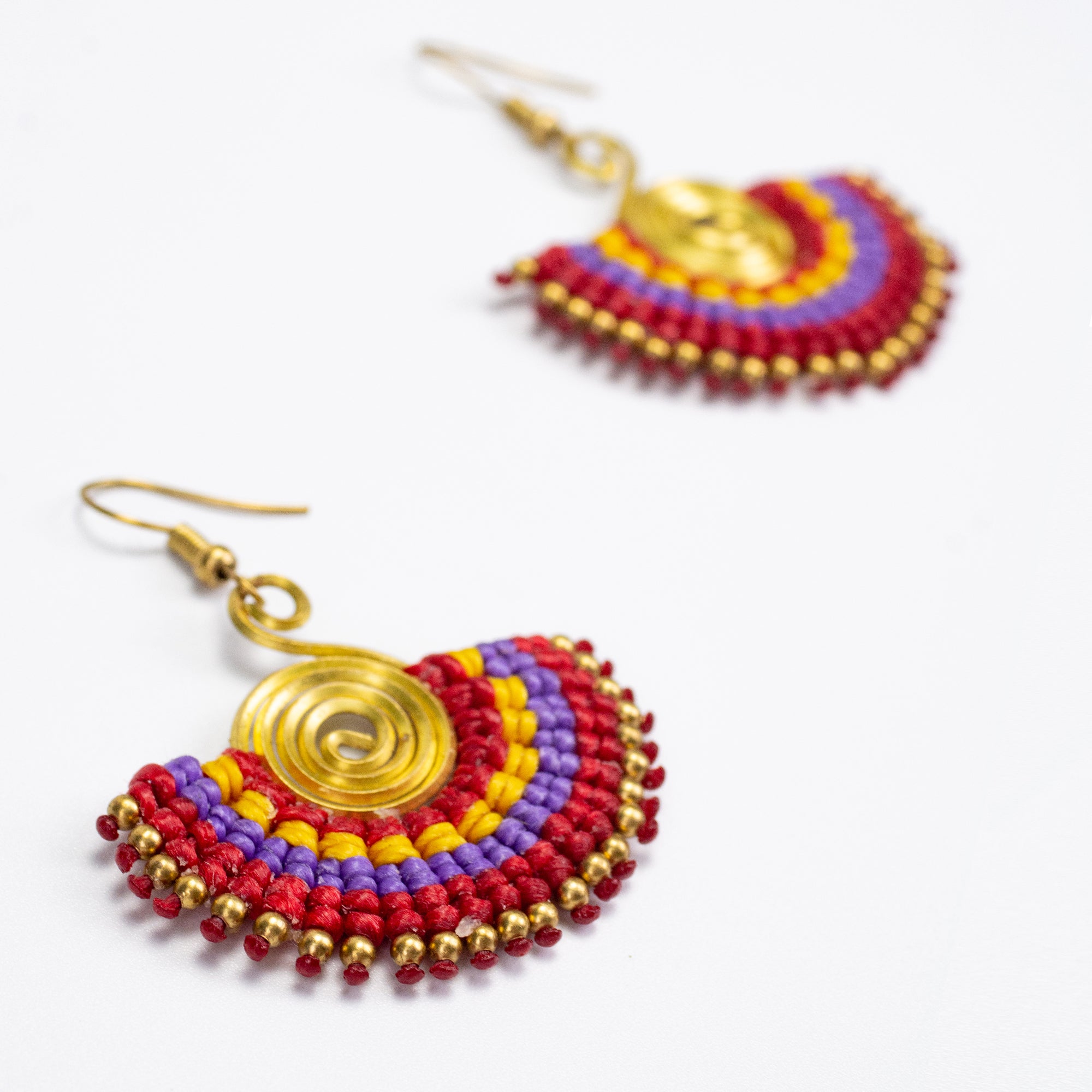 Fan Red Purple Waxed String Spiral Brass Earrings