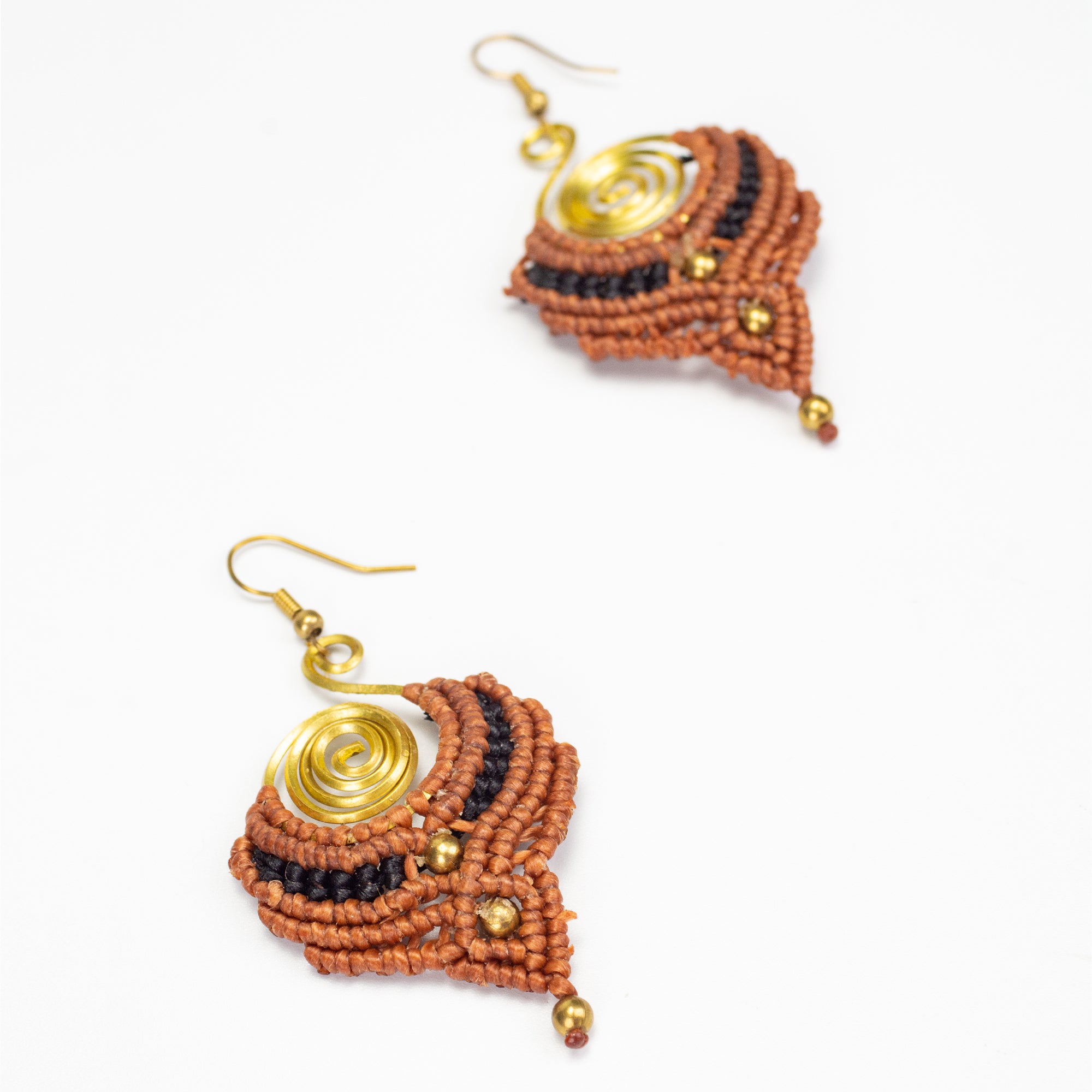 Brown Black Waxed String Spiral Brass Earrings
