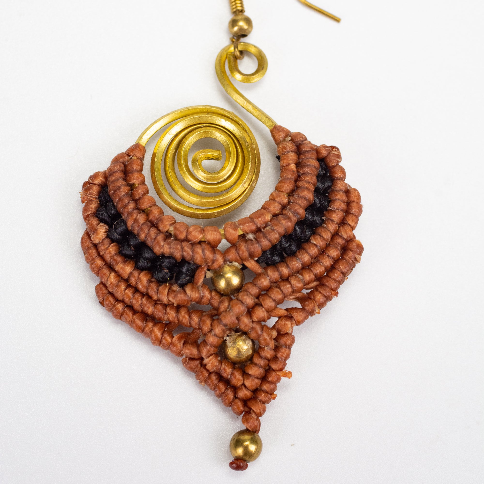 Brown Black Waxed String Spiral Brass Earrings