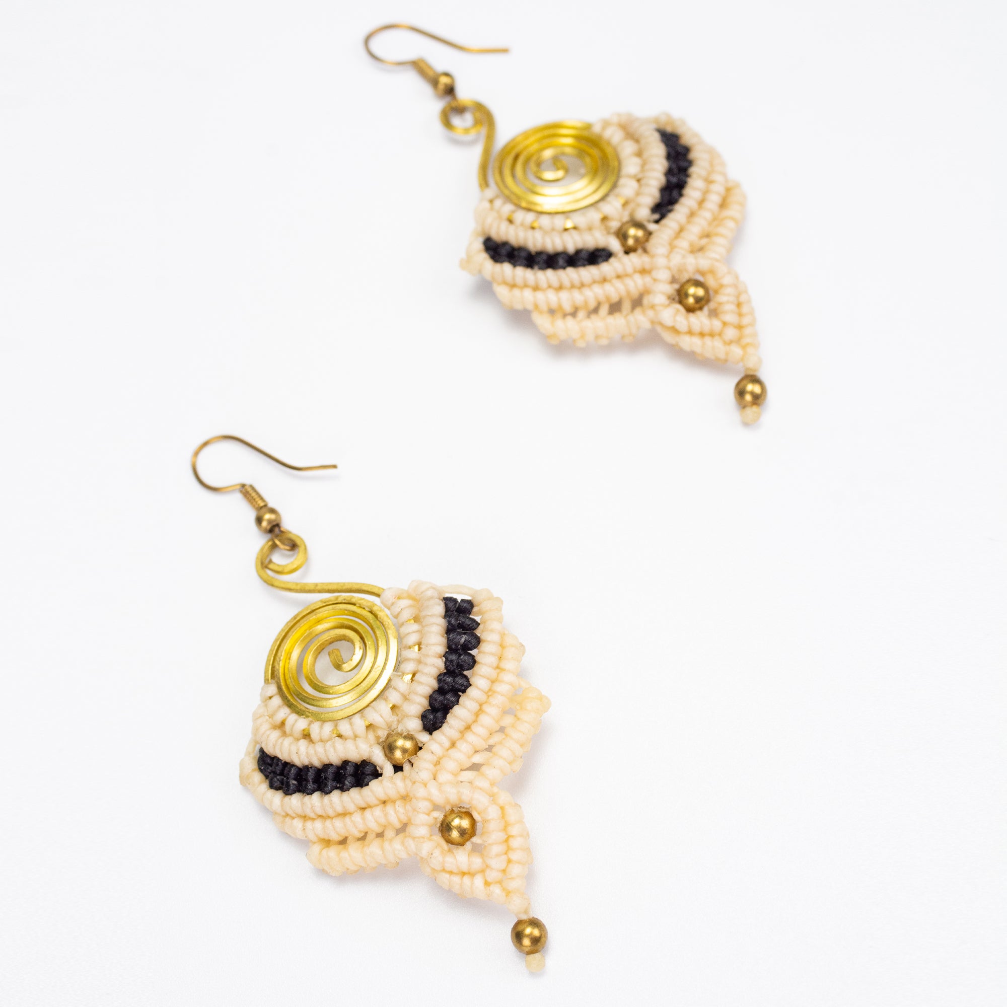 Cream Black Waxed String Spiral Brass Earrings
