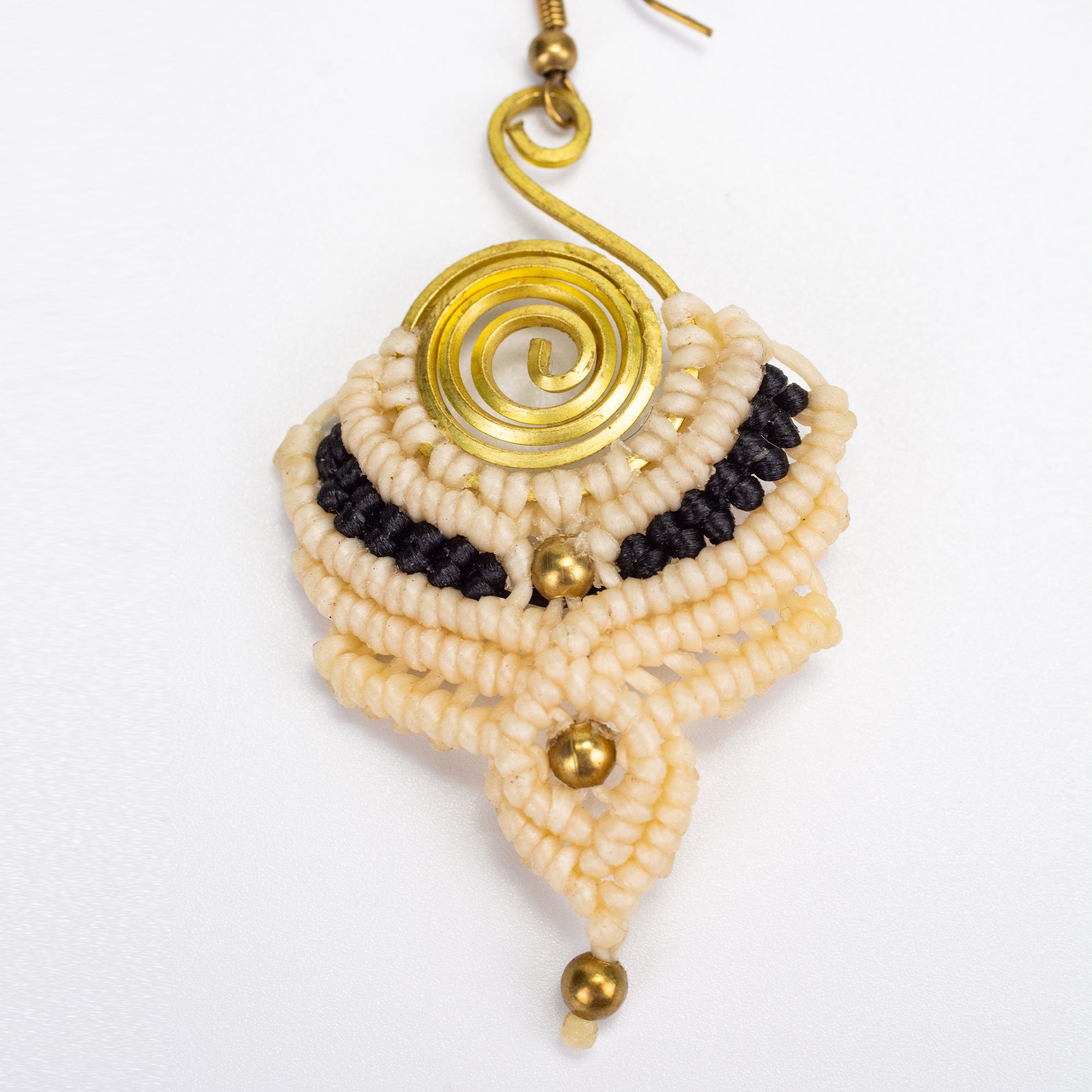 Cream Black Waxed String Spiral Brass Earrings