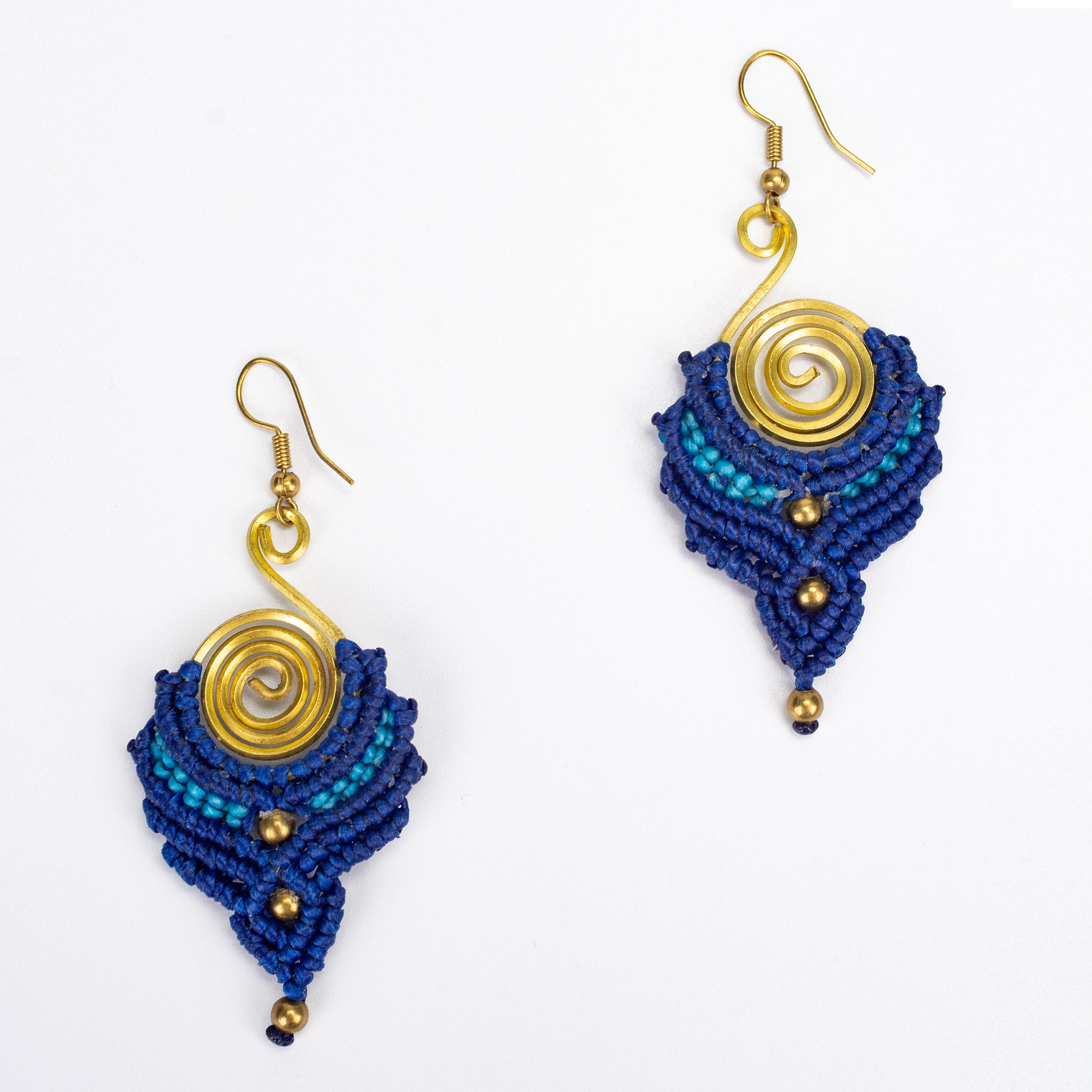 Navy Blue Waxed String Spiral Brass Earrings