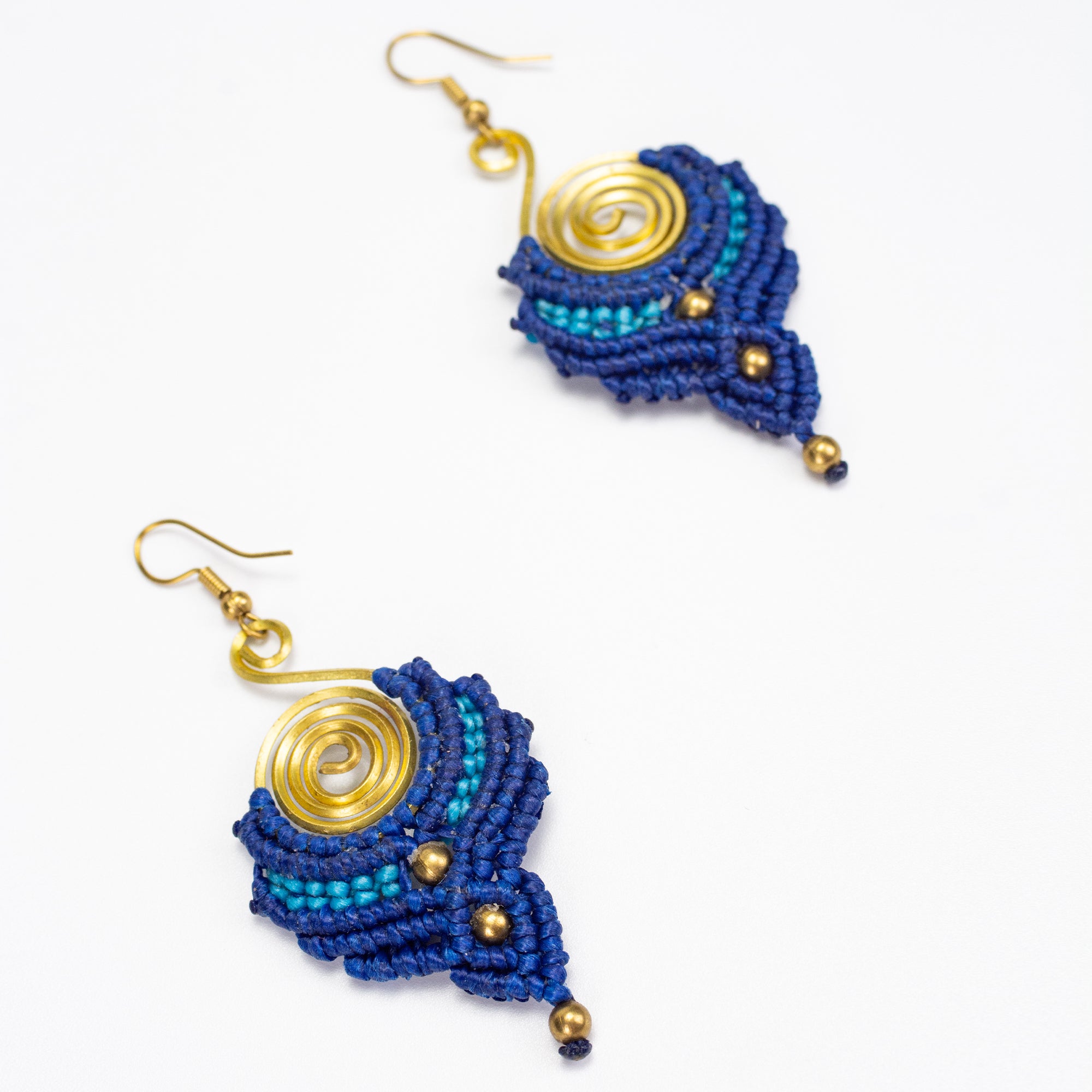 Navy Blue Waxed String Spiral Brass Earrings