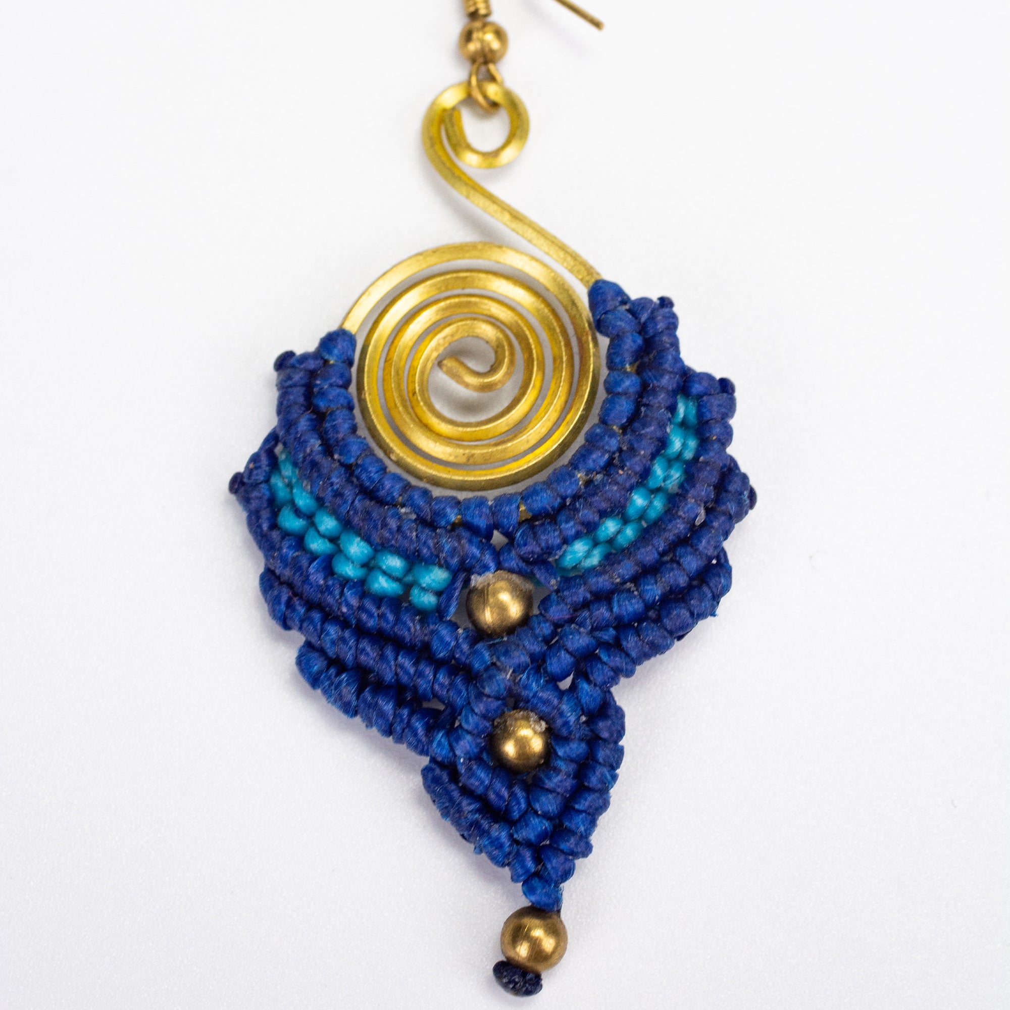 Navy Blue Waxed String Spiral Brass Earrings
