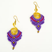 Purple Red Waxed String Spiral Brass Earrings