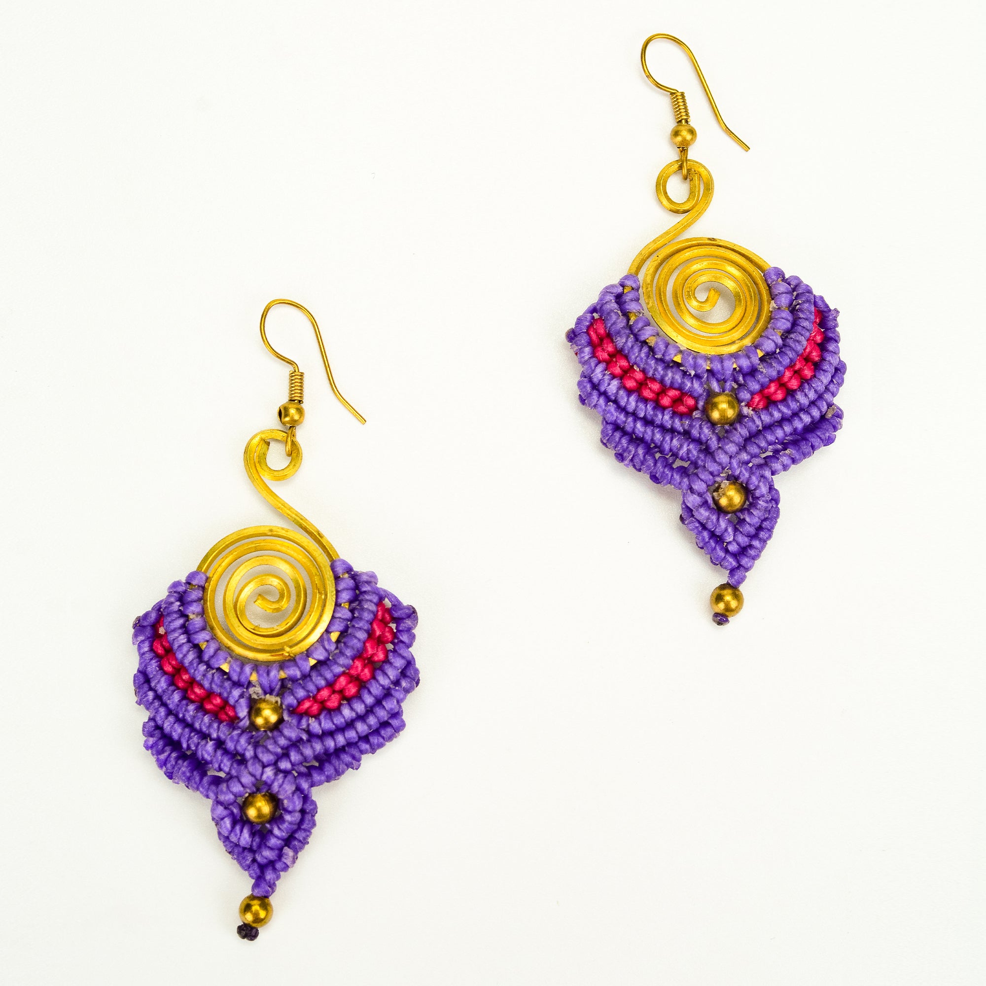 Purple Red Waxed String Spiral Brass Earrings