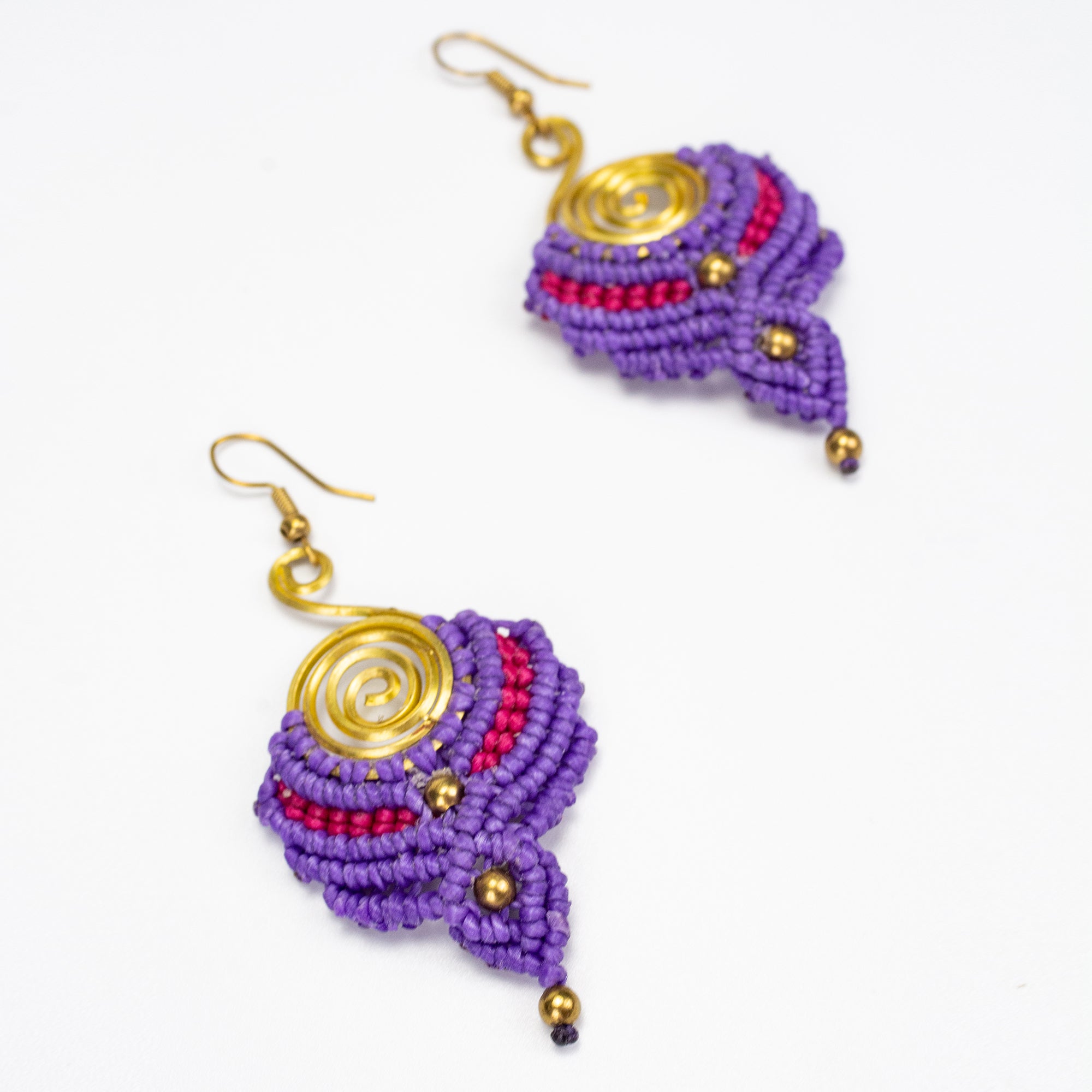 Purple Red Waxed String Spiral Brass Earrings