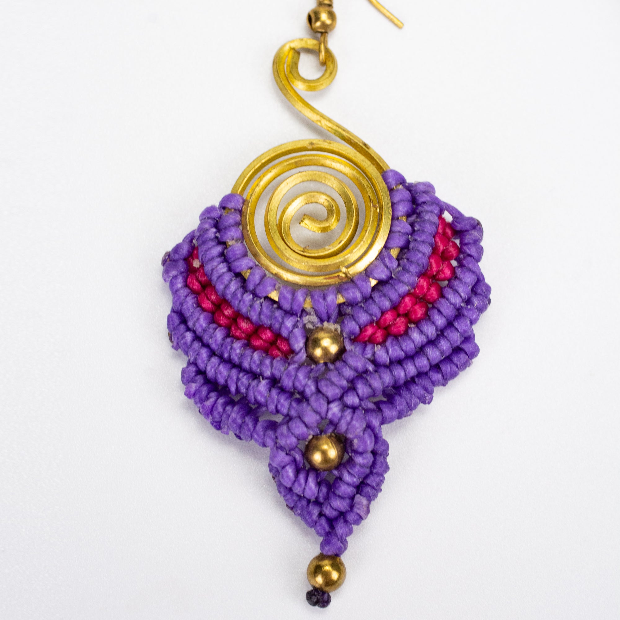 Purple Red Waxed String Spiral Brass Earrings
