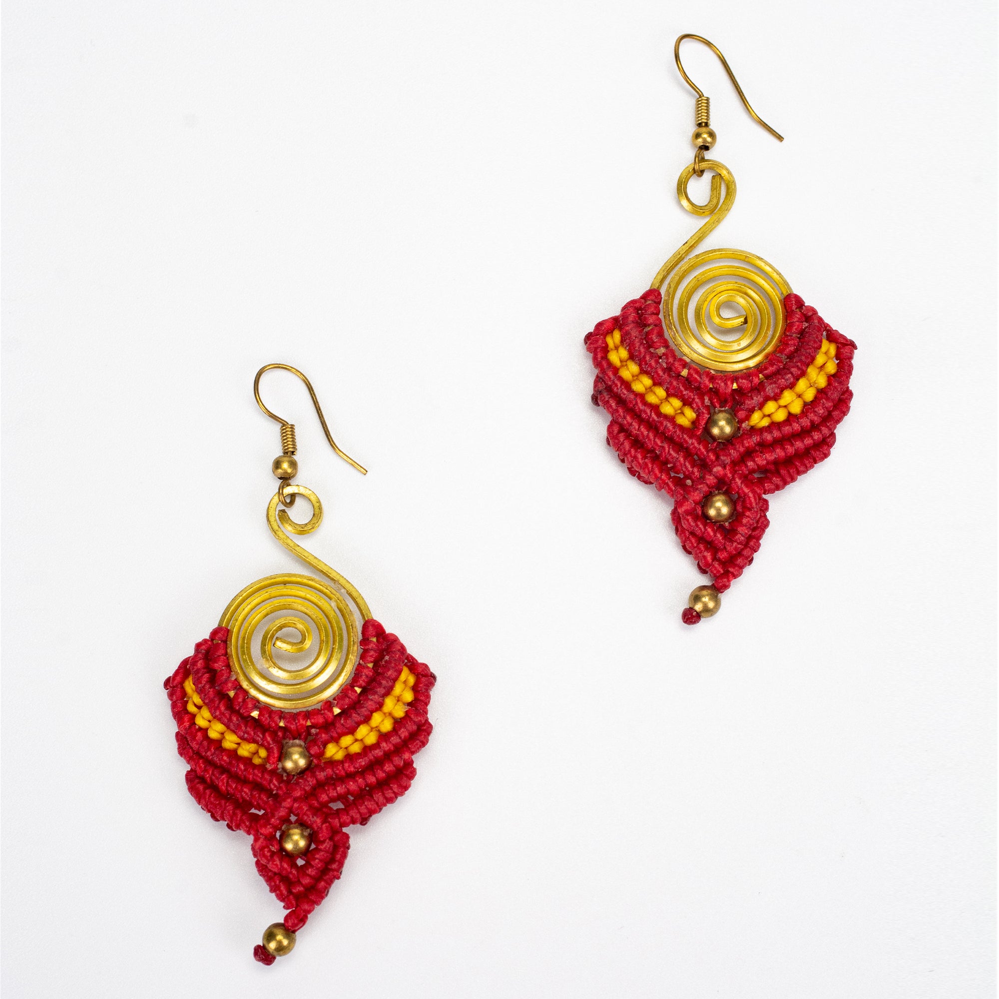 Red Yellow Waxed String Spiral Brass Earrings
