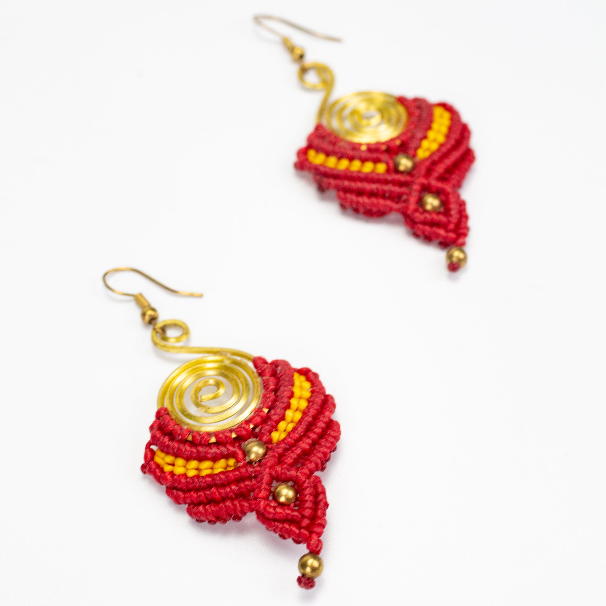 Red Yellow Waxed String Spiral Brass Earrings