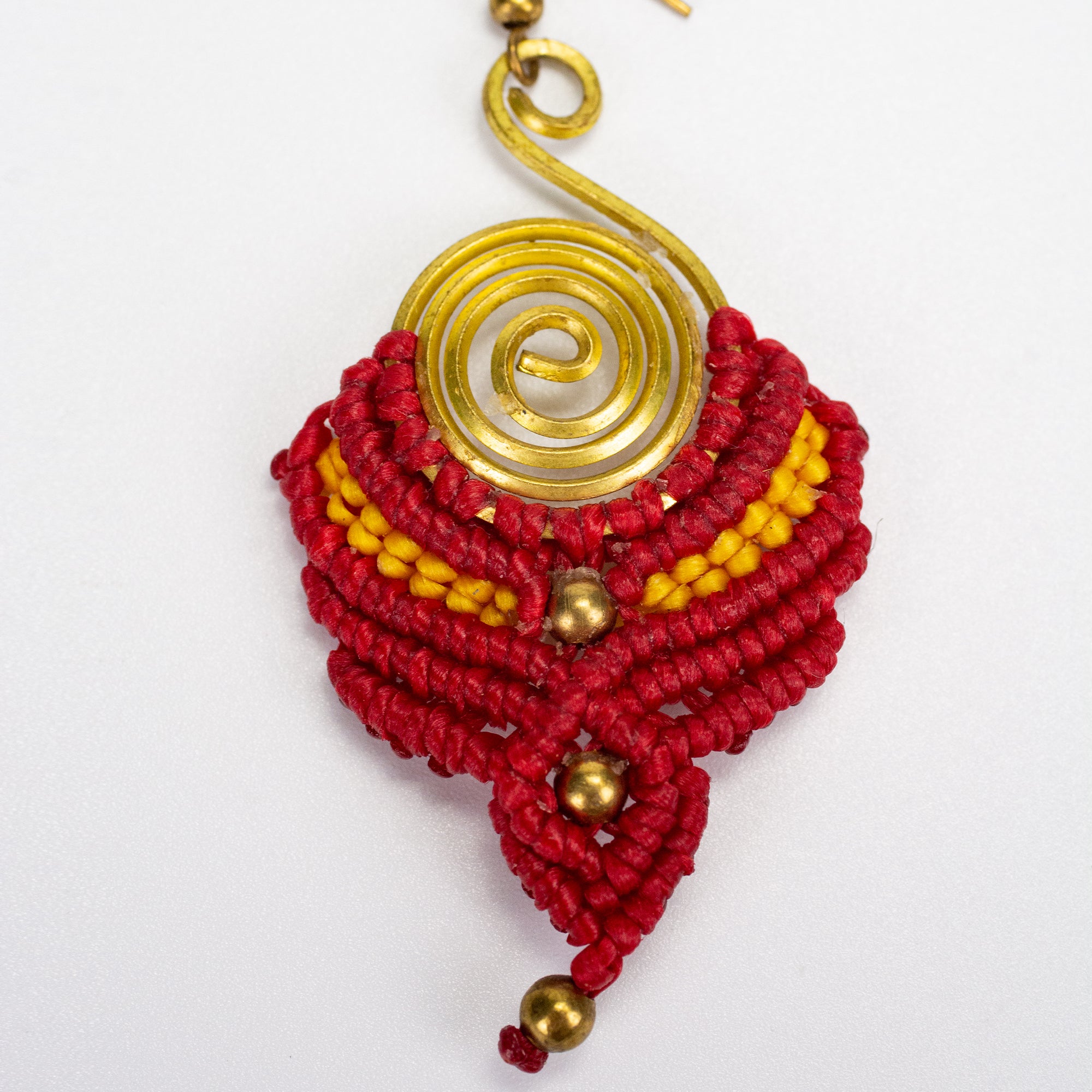 Red Yellow Waxed String Spiral Brass Earrings