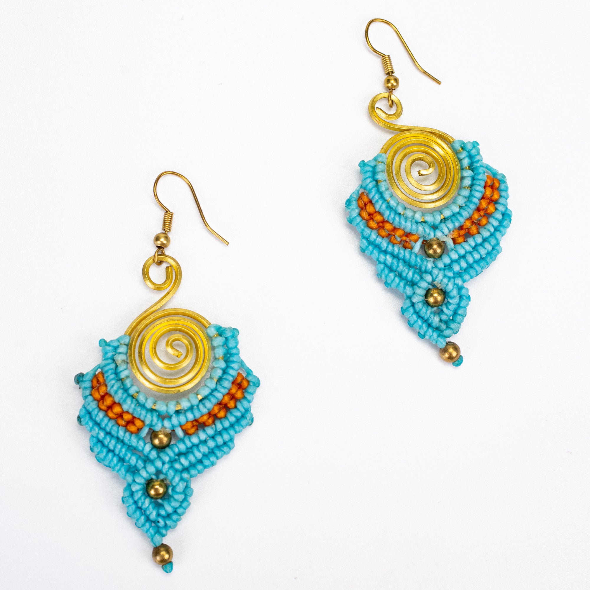 Turquoise Orange Waxed String Spiral Brass Earrings