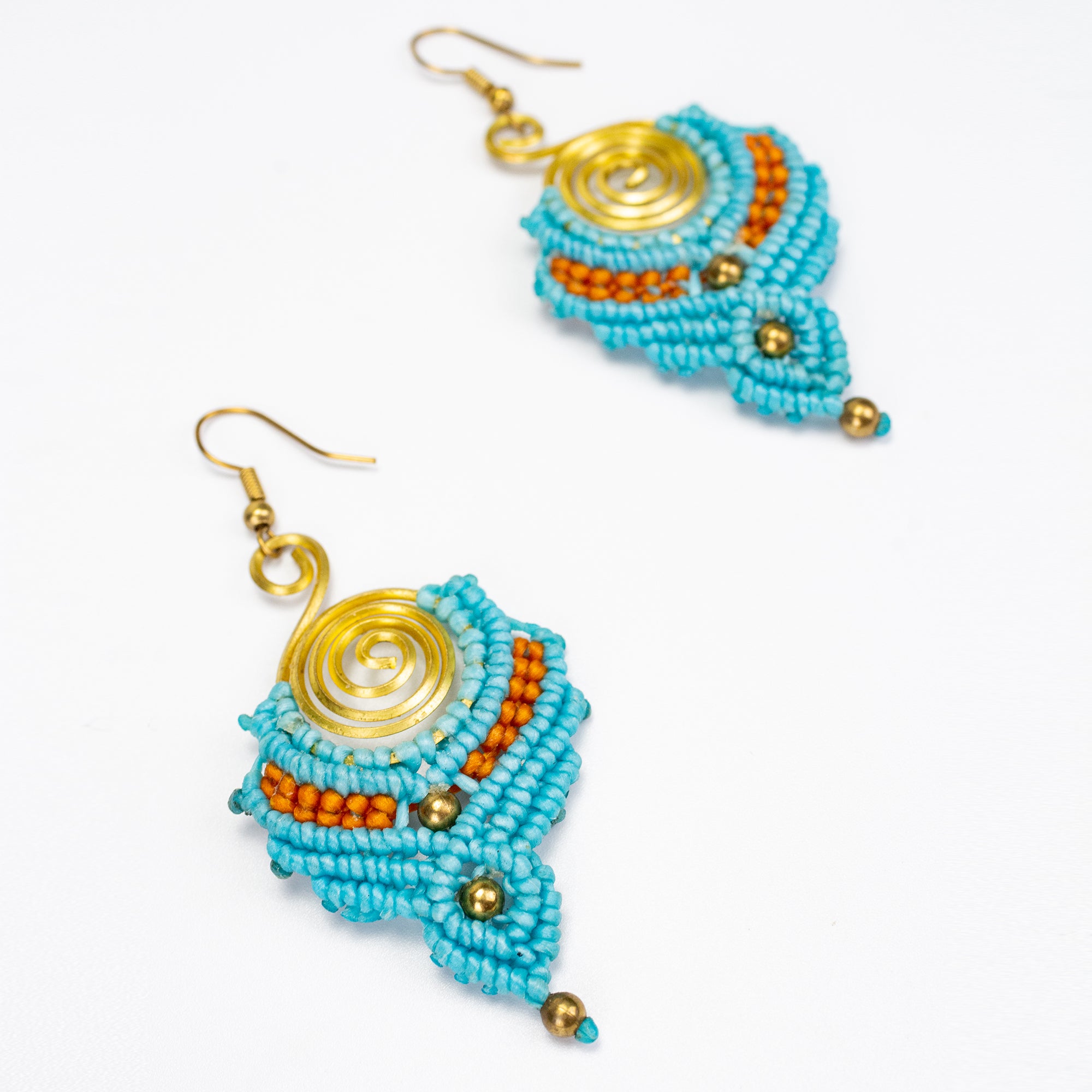 Turquoise Orange Waxed String Spiral Brass Earrings