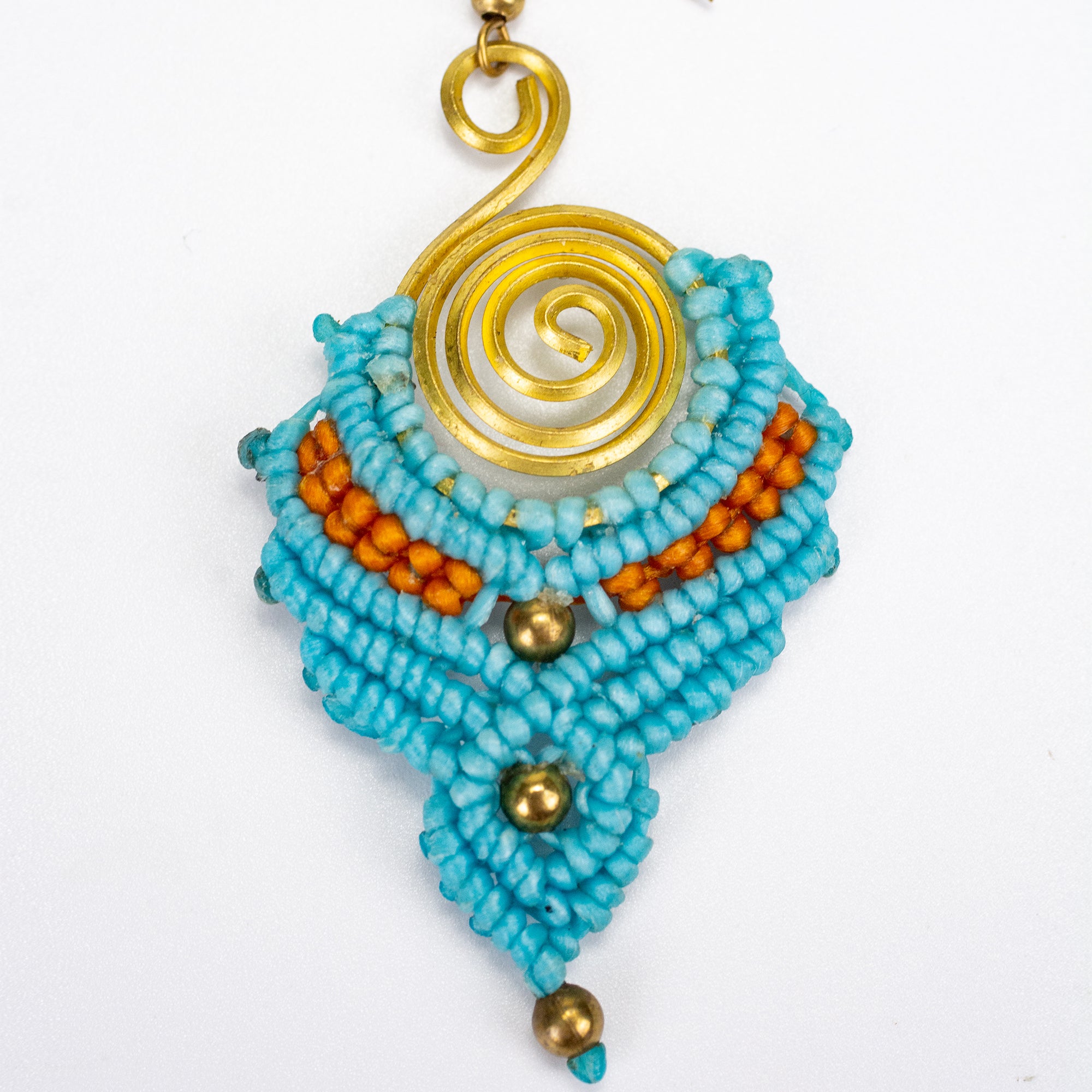 Turquoise Orange Waxed String Spiral Brass Earrings