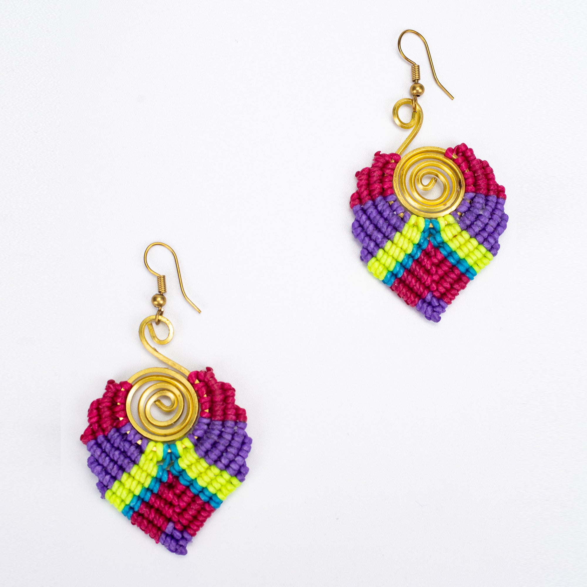 Magenta Purple Waxed String Spiral Brass Earrings