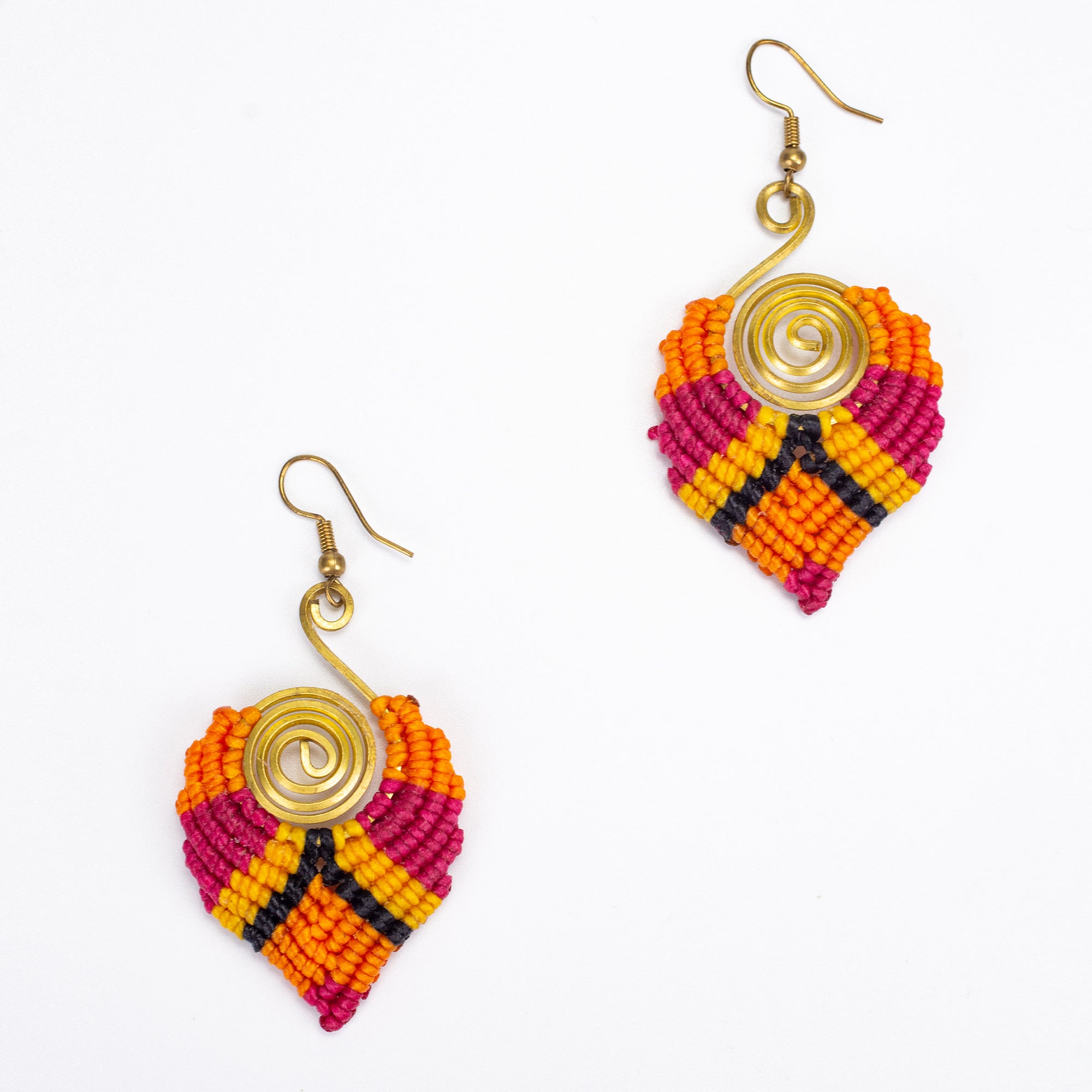 Orange Magenta Waxed String Spiral Brass Earrings