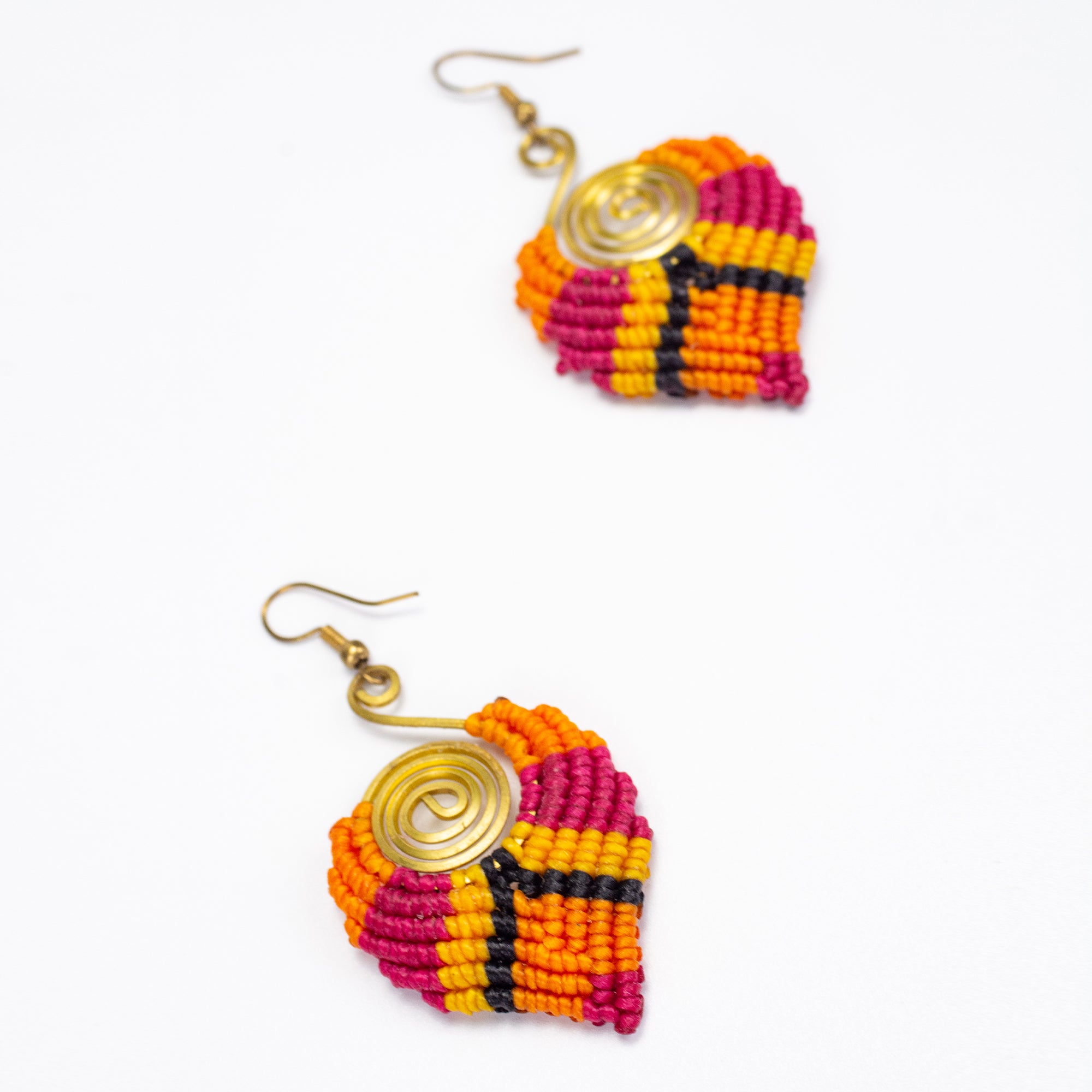 Orange Magenta Waxed String Spiral Brass Earrings