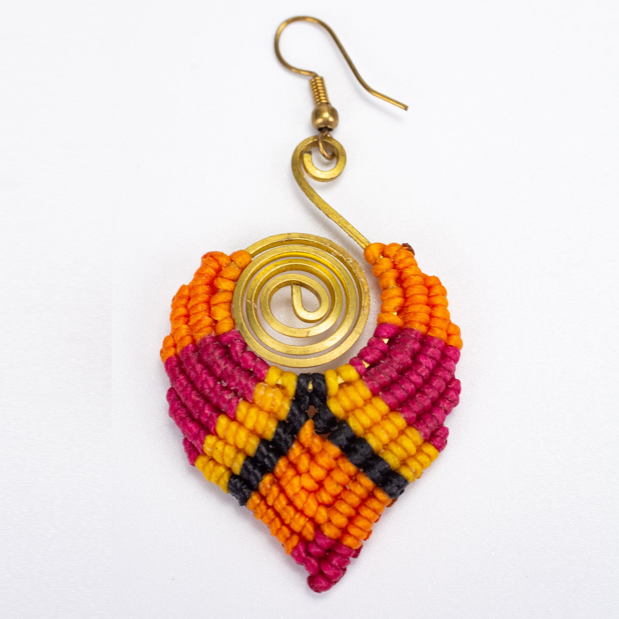 Orange Magenta Waxed String Spiral Brass Earrings