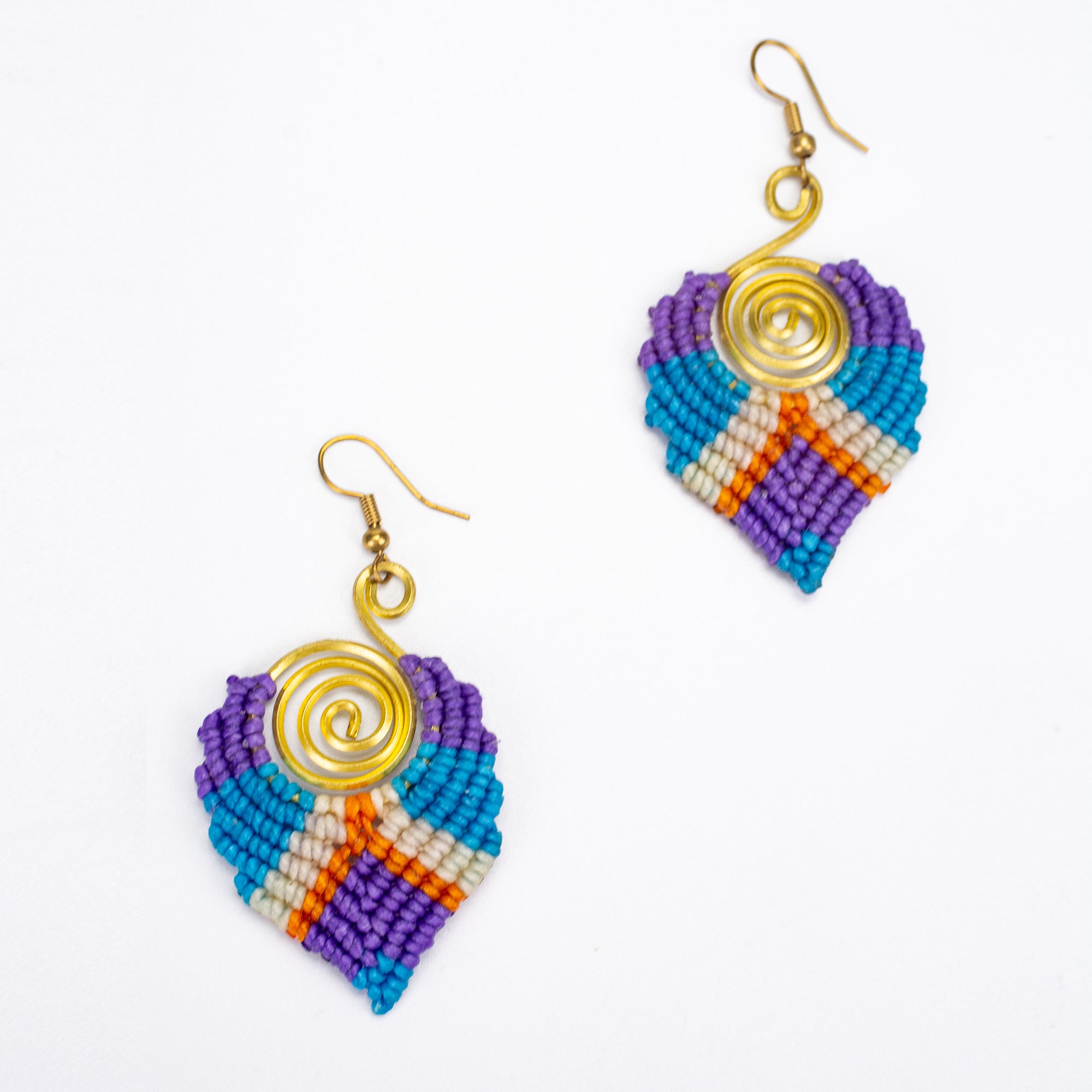 Purple Blue Waxed String Spiral Brass Earrings
