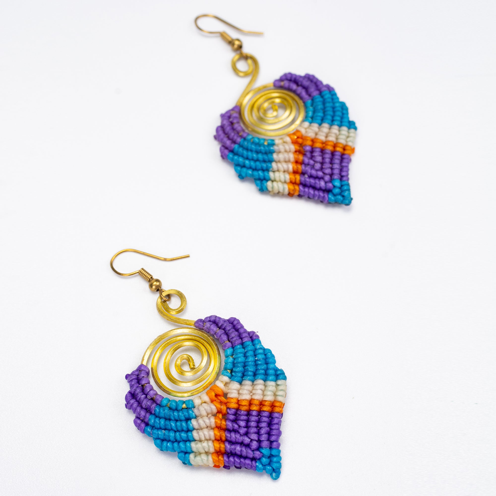 Purple Blue Waxed String Spiral Brass Earrings