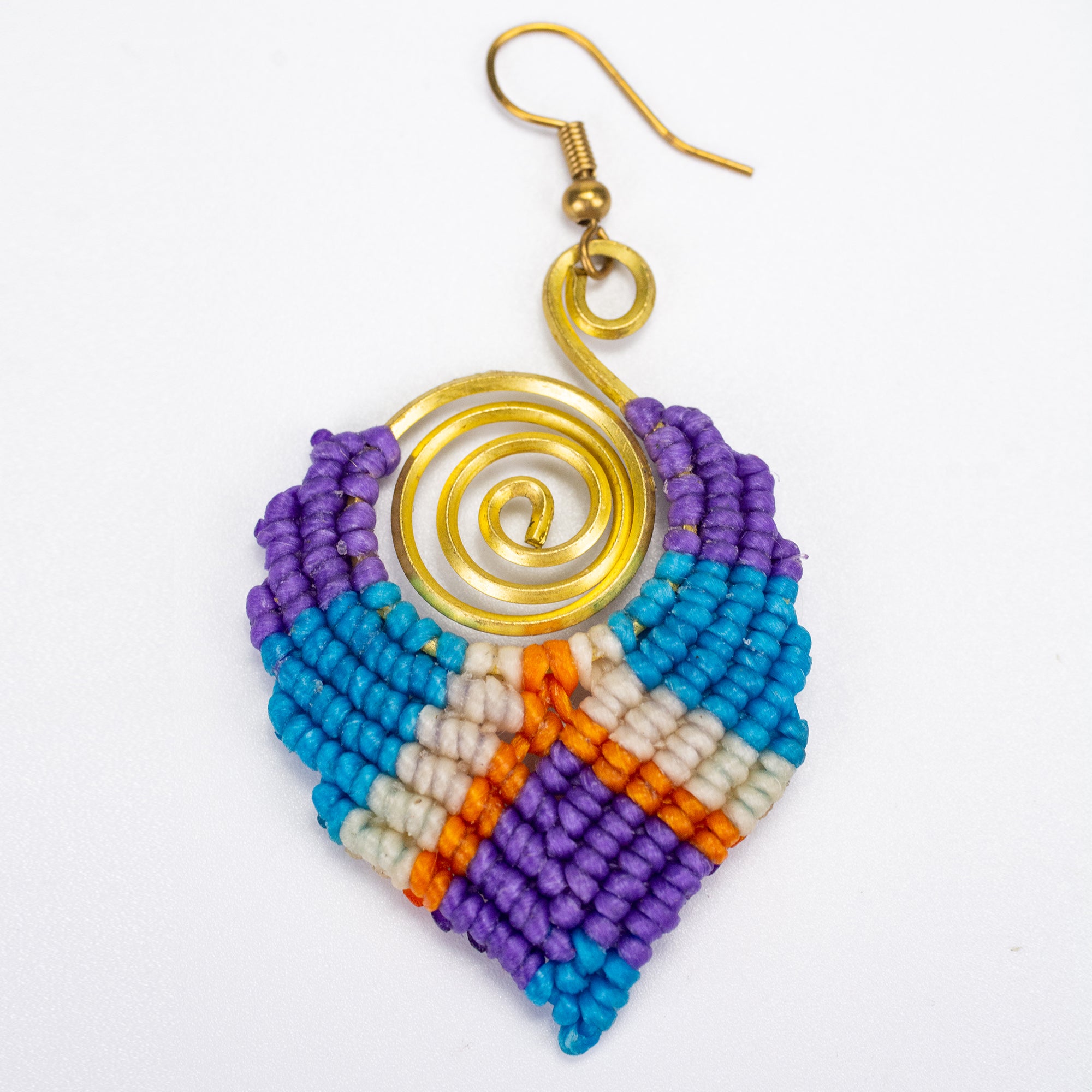 Purple Blue Waxed String Spiral Brass Earrings