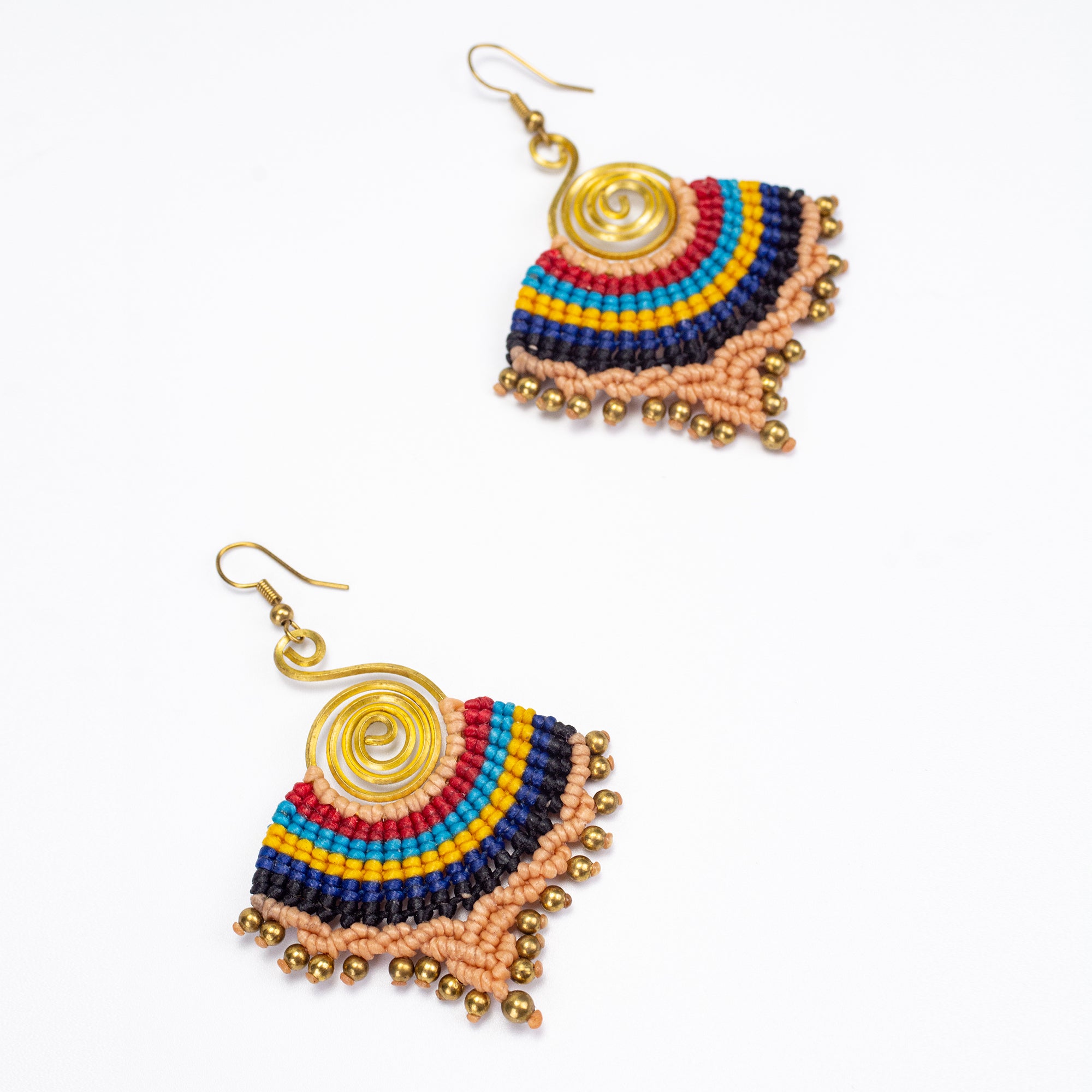 Beige Rainbow Waxed String Spiral Brass Earrings