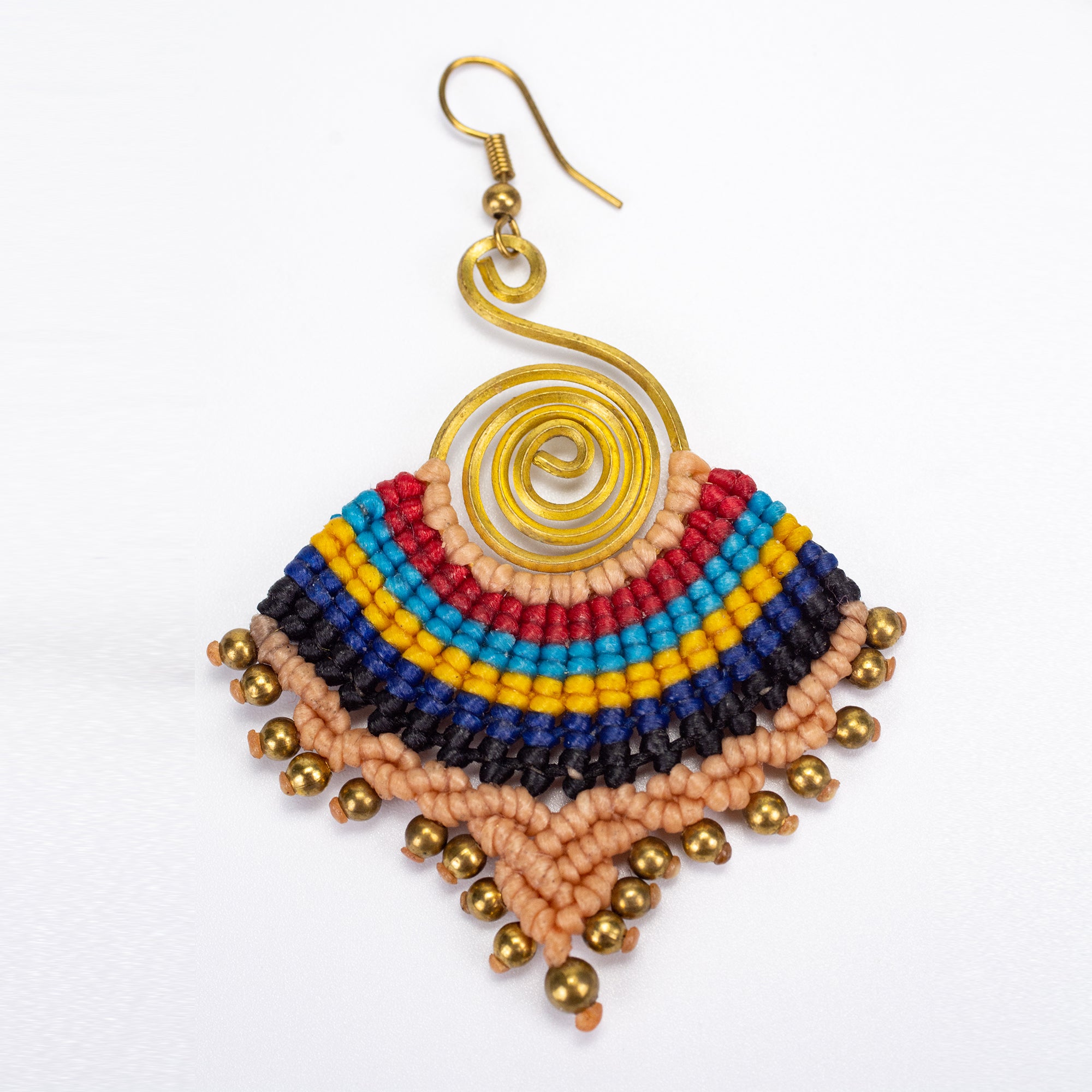 Beige Rainbow Waxed String Spiral Brass Earrings