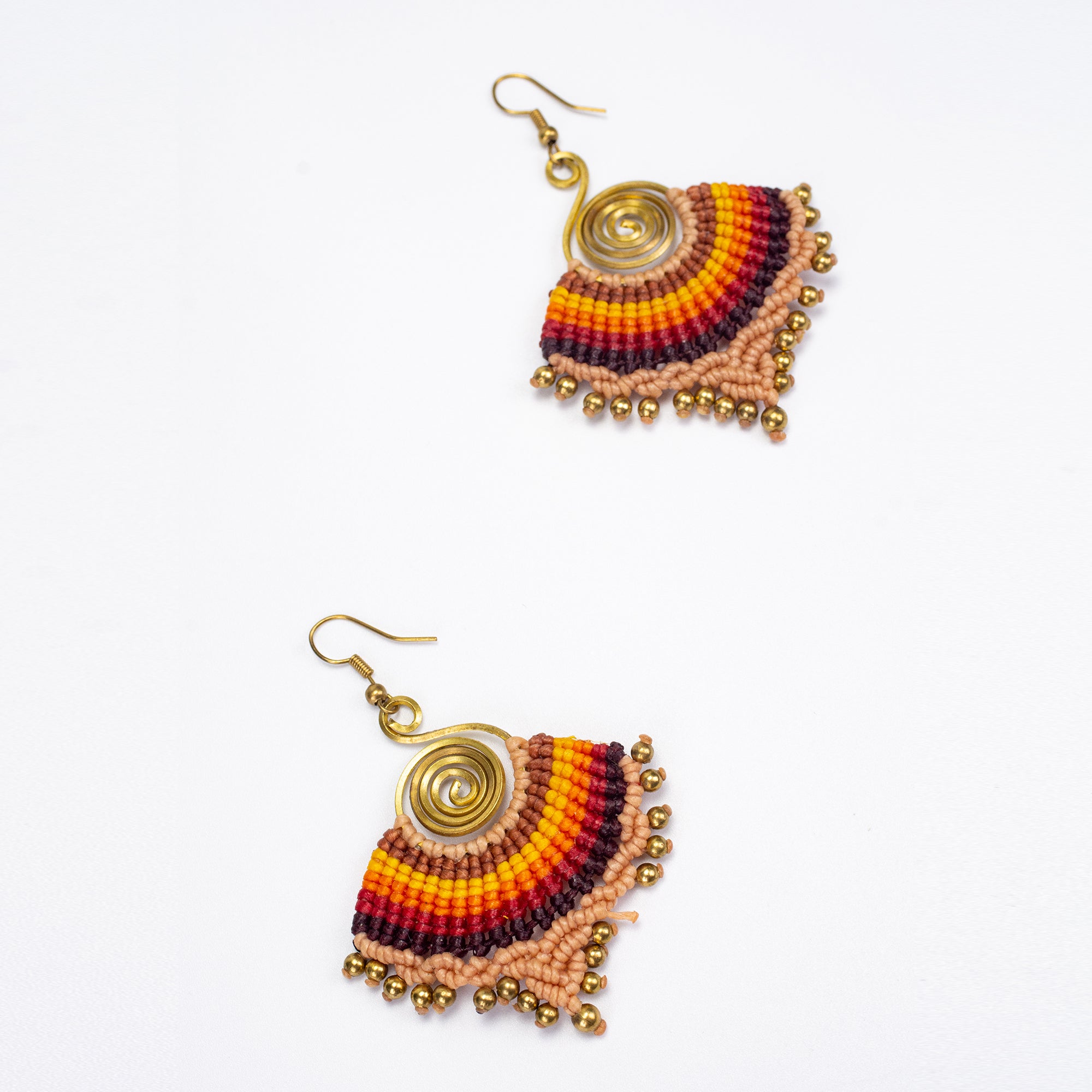 Beige Sunset Waxed String Spiral Brass Earrings