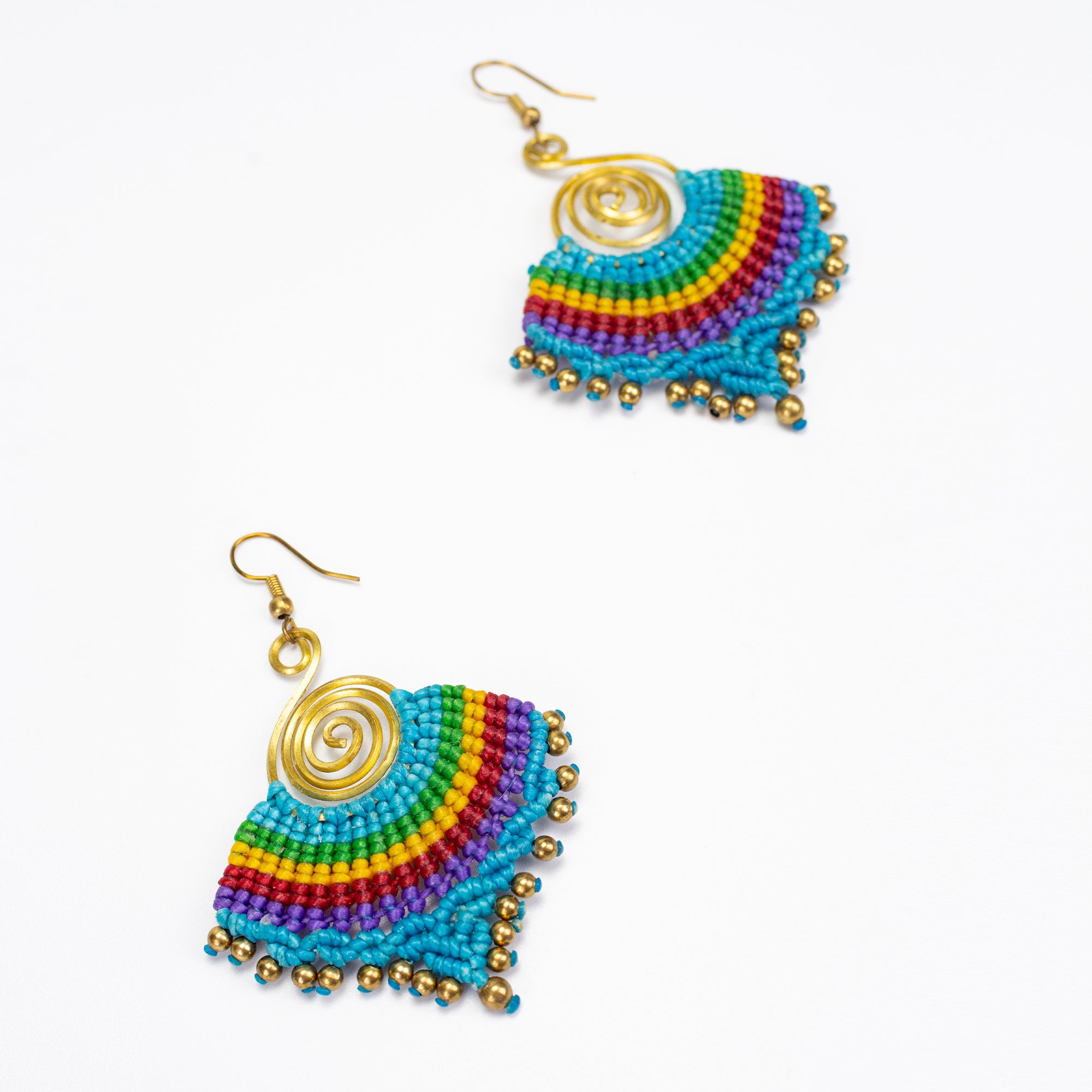 Blue Rainbow Waxed String Spiral Brass Earrings