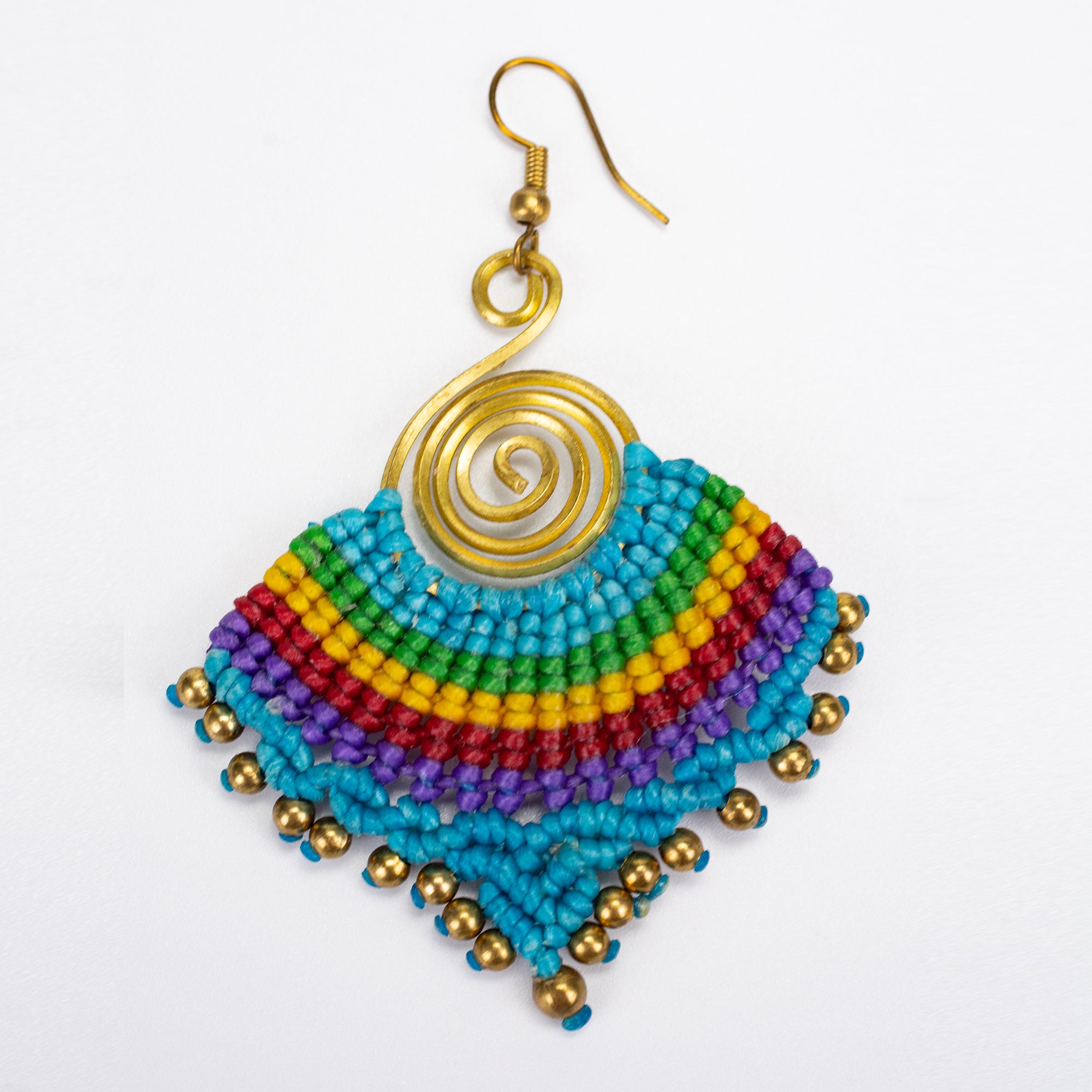 Blue Rainbow Waxed String Spiral Brass Earrings