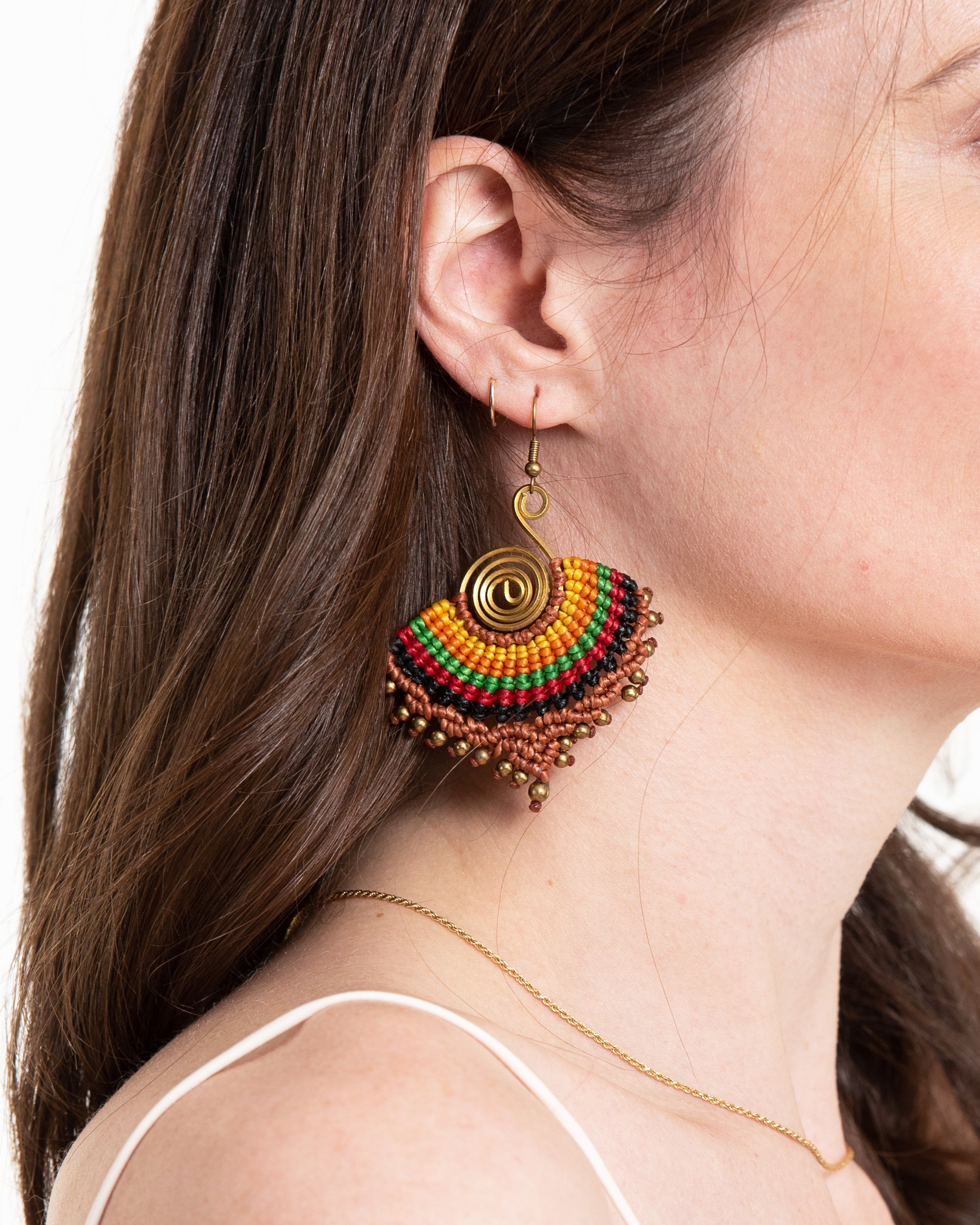 Brown Rainbow Waxed String Spiral Brass Earrings