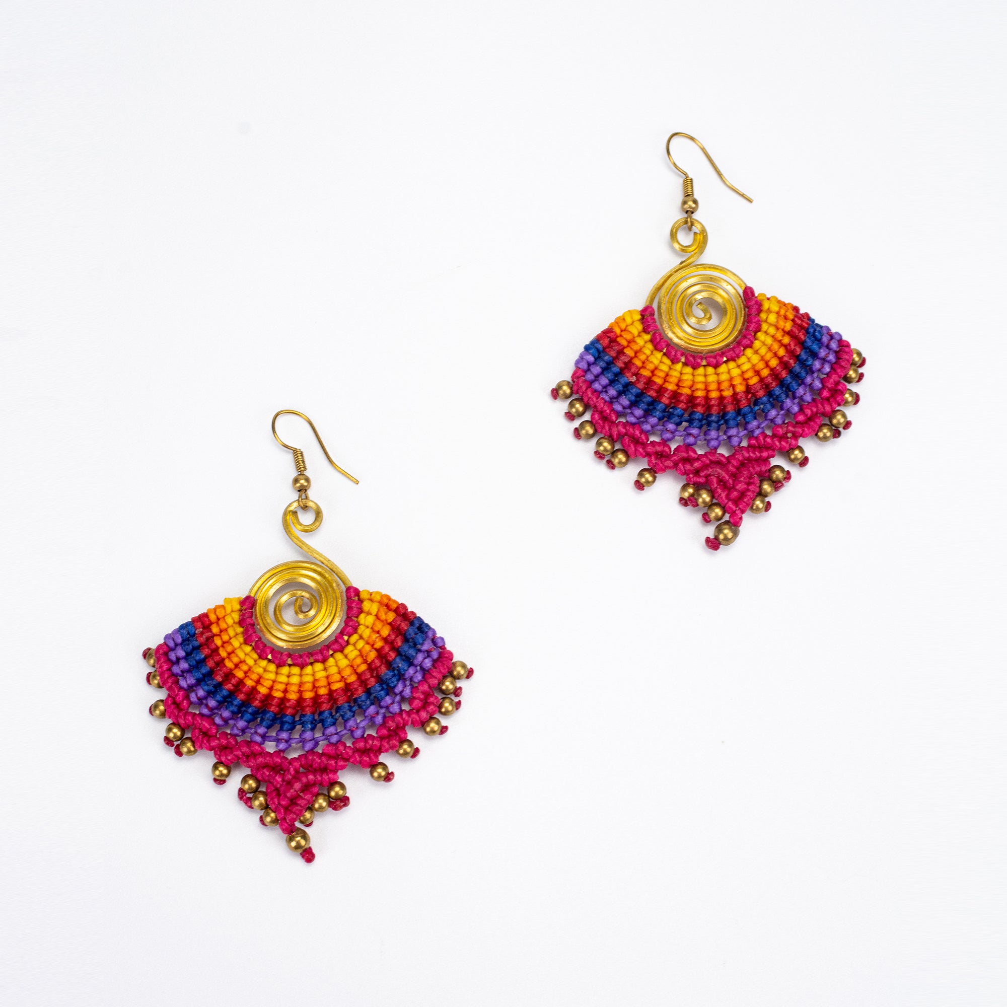 Magenta Rainbow Waxed String Spiral Brass Earrings
