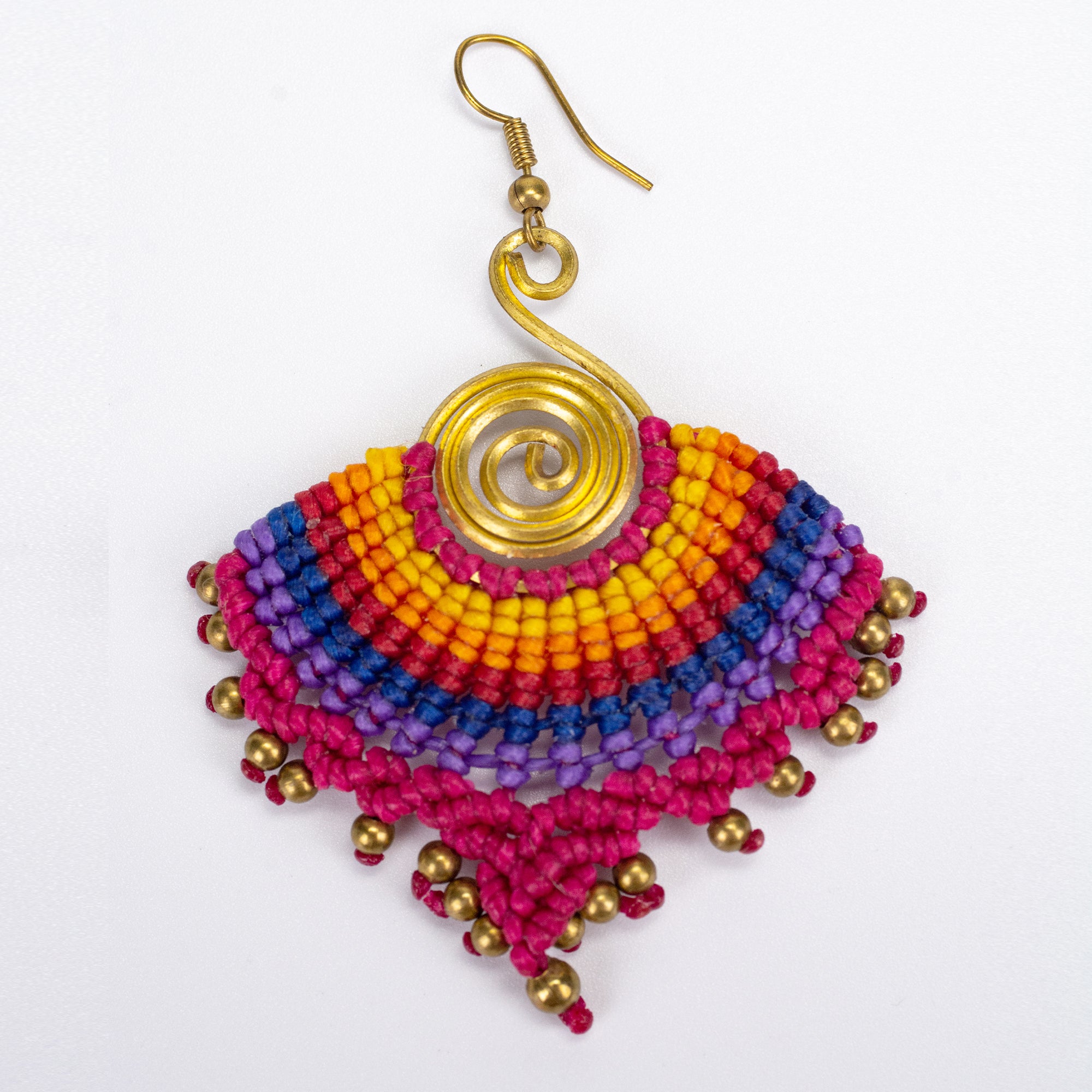 Magenta Rainbow Waxed String Spiral Brass Earrings