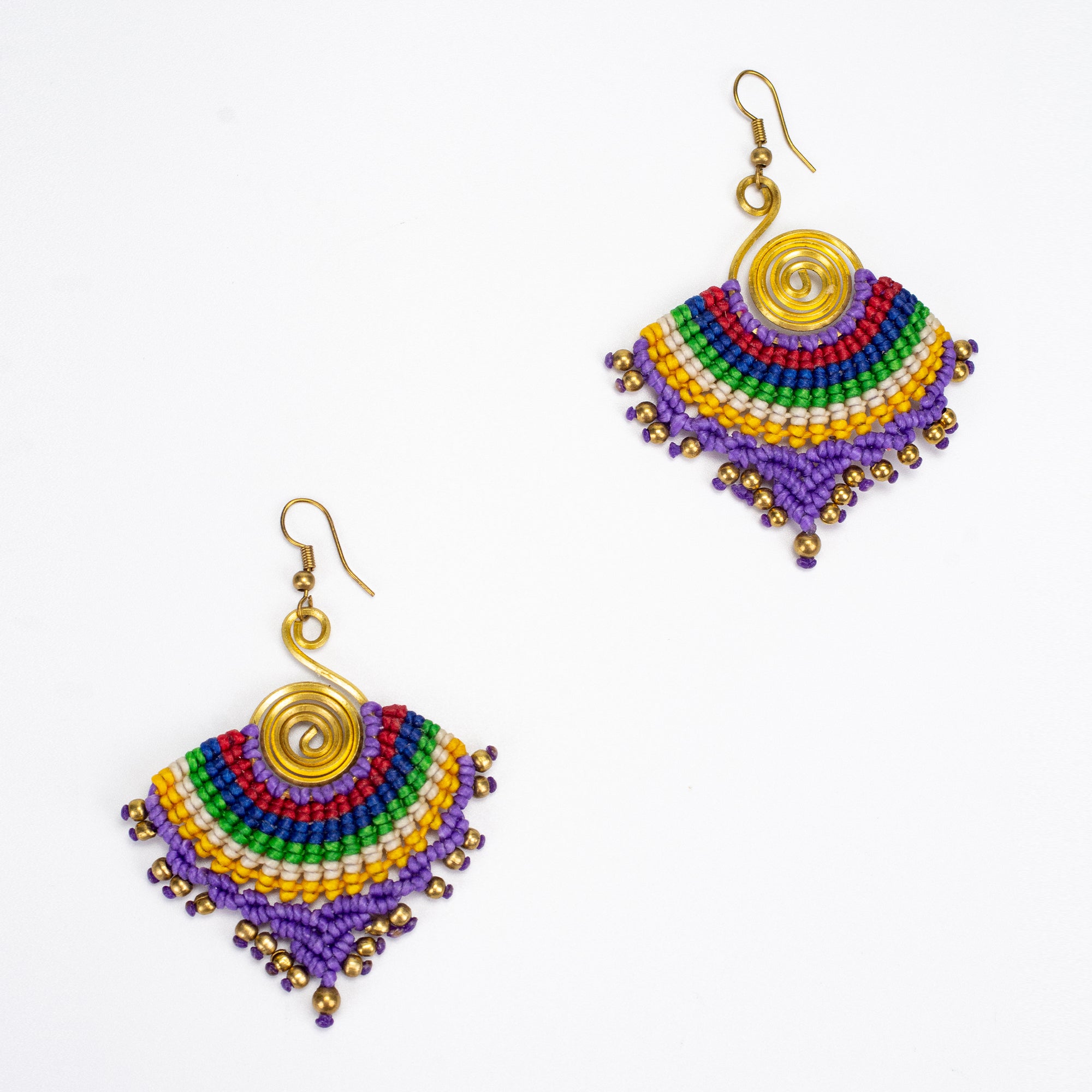Purple Rainbow Waxed String Spiral Brass Earrings