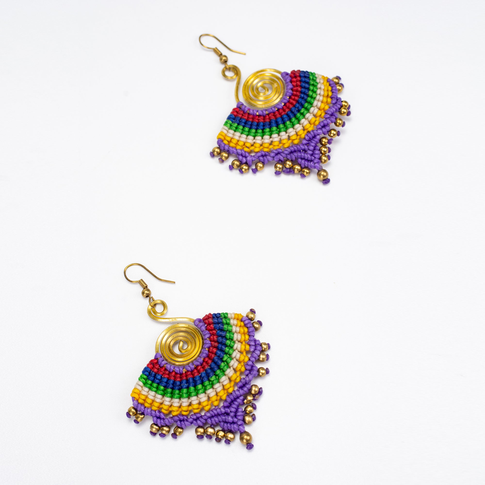 Purple Rainbow Waxed String Spiral Brass Earrings