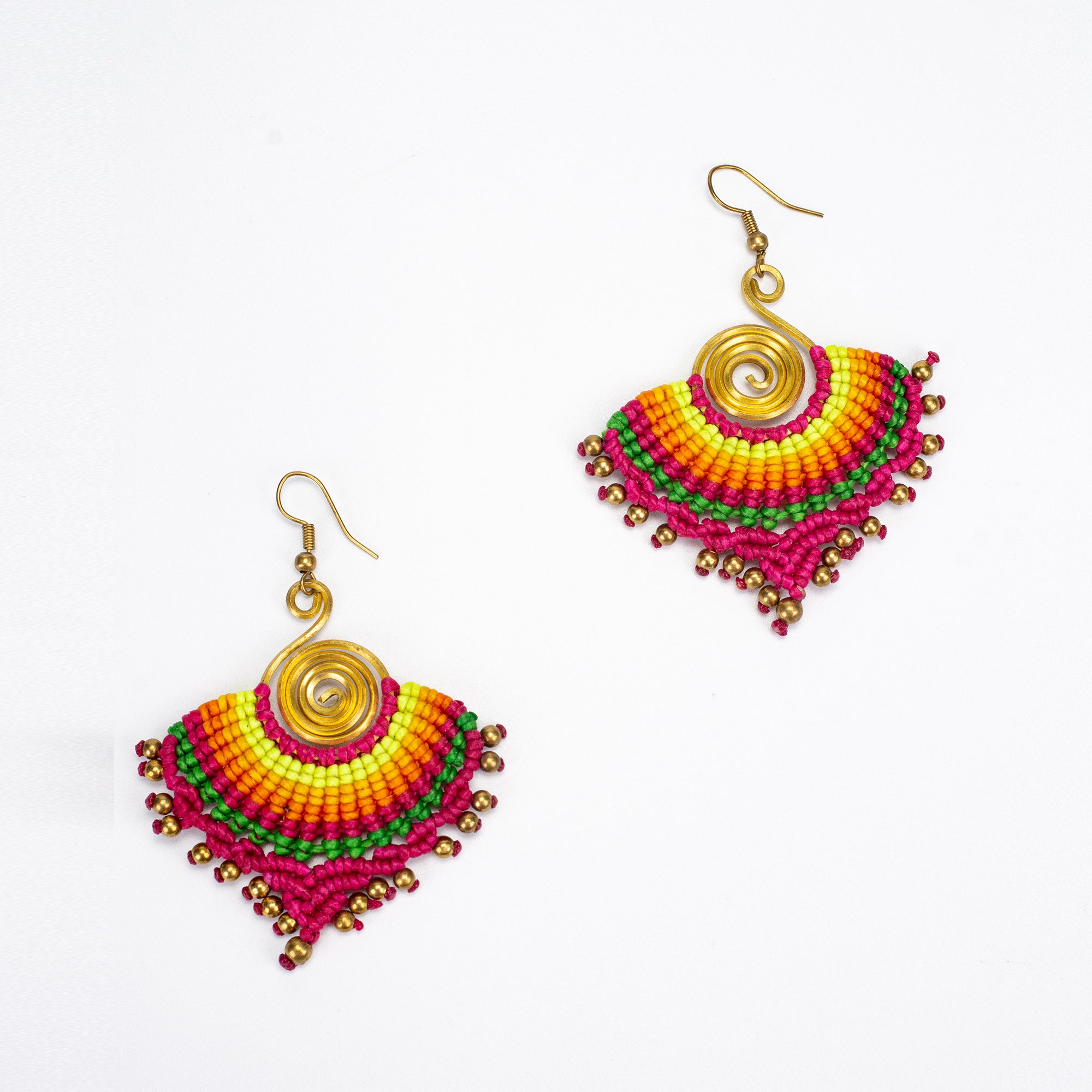 Pink Rainbow Waxed String Spiral Brass Earrings