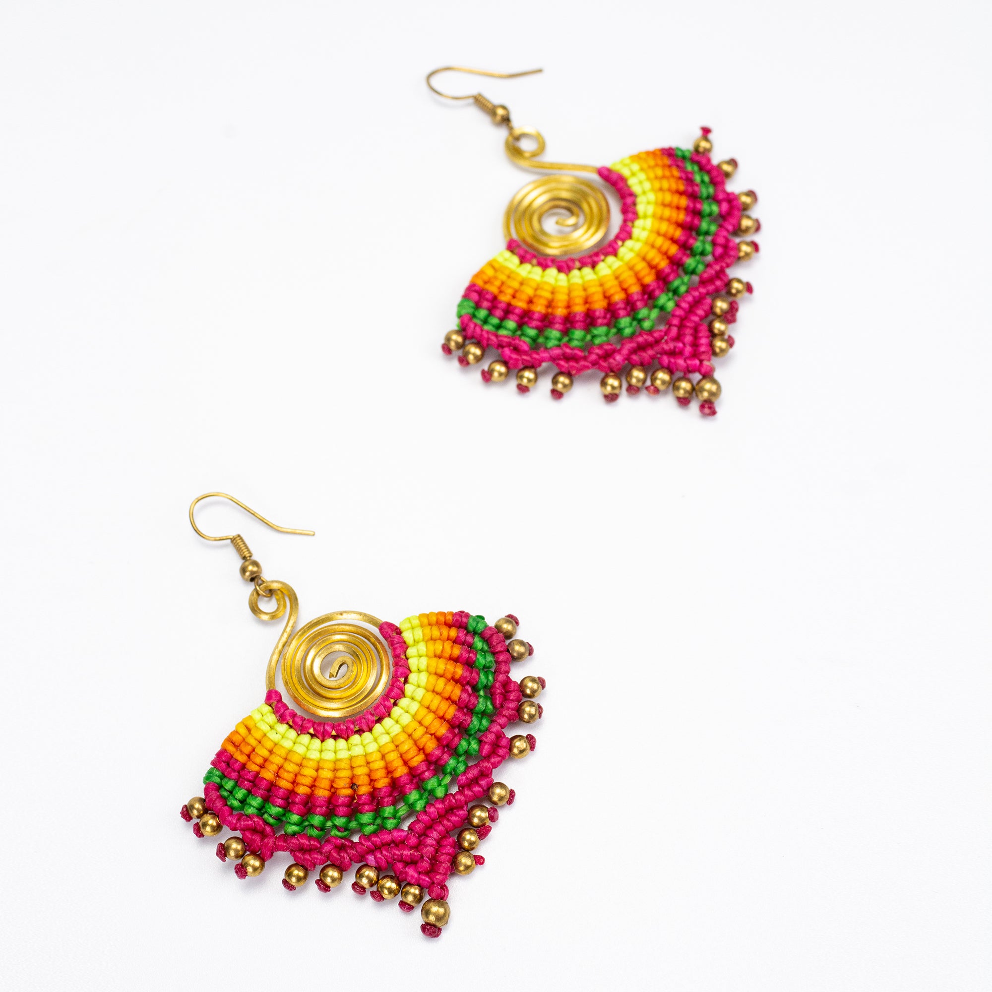 Pink Rainbow Waxed String Spiral Brass Earrings