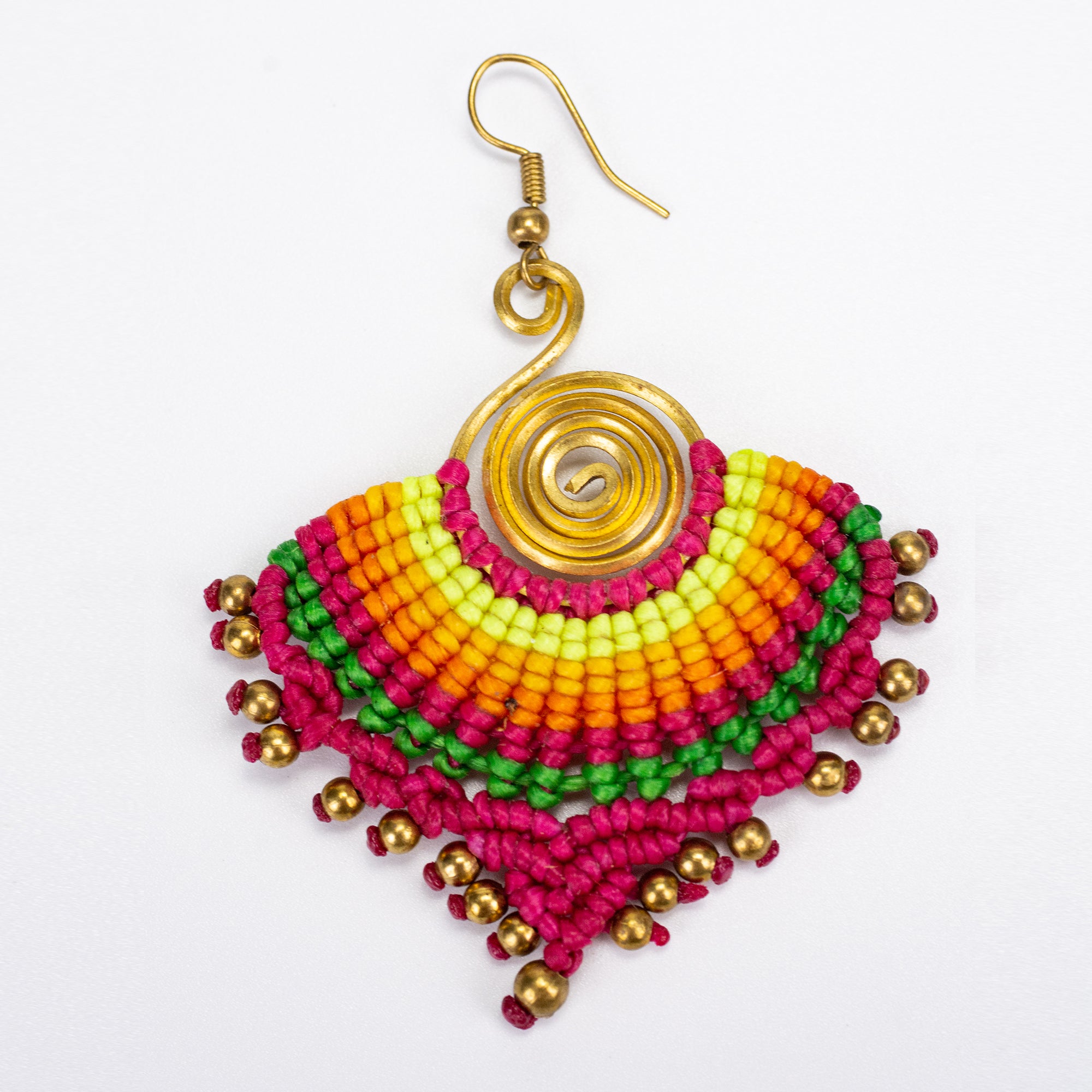 Pink Rainbow Waxed String Spiral Brass Earrings